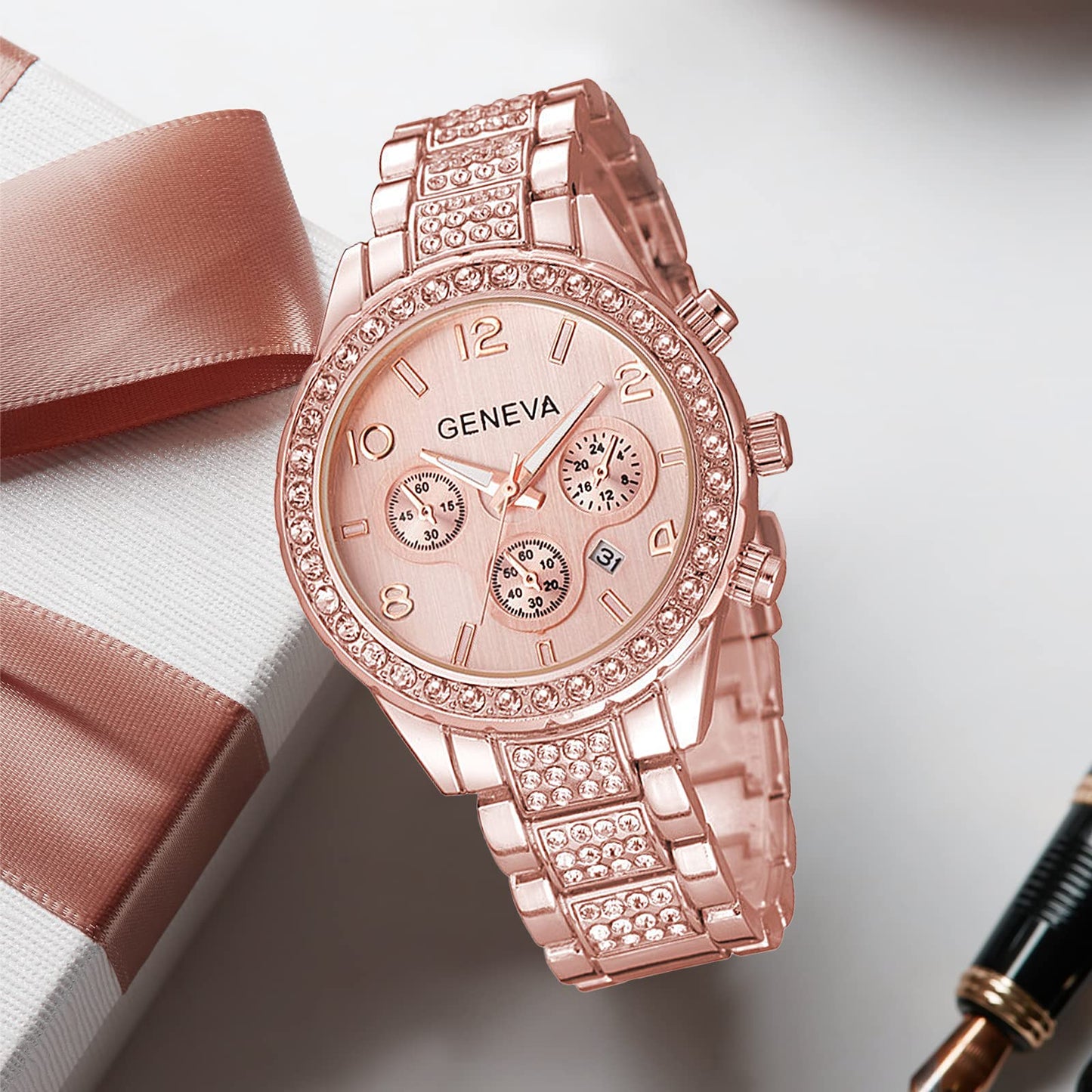 Luxury Unisex Crystal Diamond Watches Quartz Digital Calendar Rose Gold Silver Stainless Steel Watch (Rose Gold)