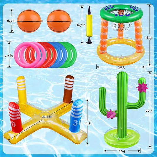 Pool Games Set-8 Inflatable Rings,Inflatable Basketball Hoop,Cactus Toss Game,Cross Toss Game and 2 Inflatable Small Basketballs-Perfect Water Toys for Kids,Teens and Adults