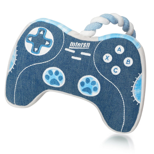 MTERSN Dog Squeaky Toys : Cute Plush Dog Toy with 3 Squeakers and Interactive Dogs Rope Toy with Full Crinkle Paper - Funny Game Controller Shaped Pet Toys for Puppy, Small, Medium Dogs (Denim)