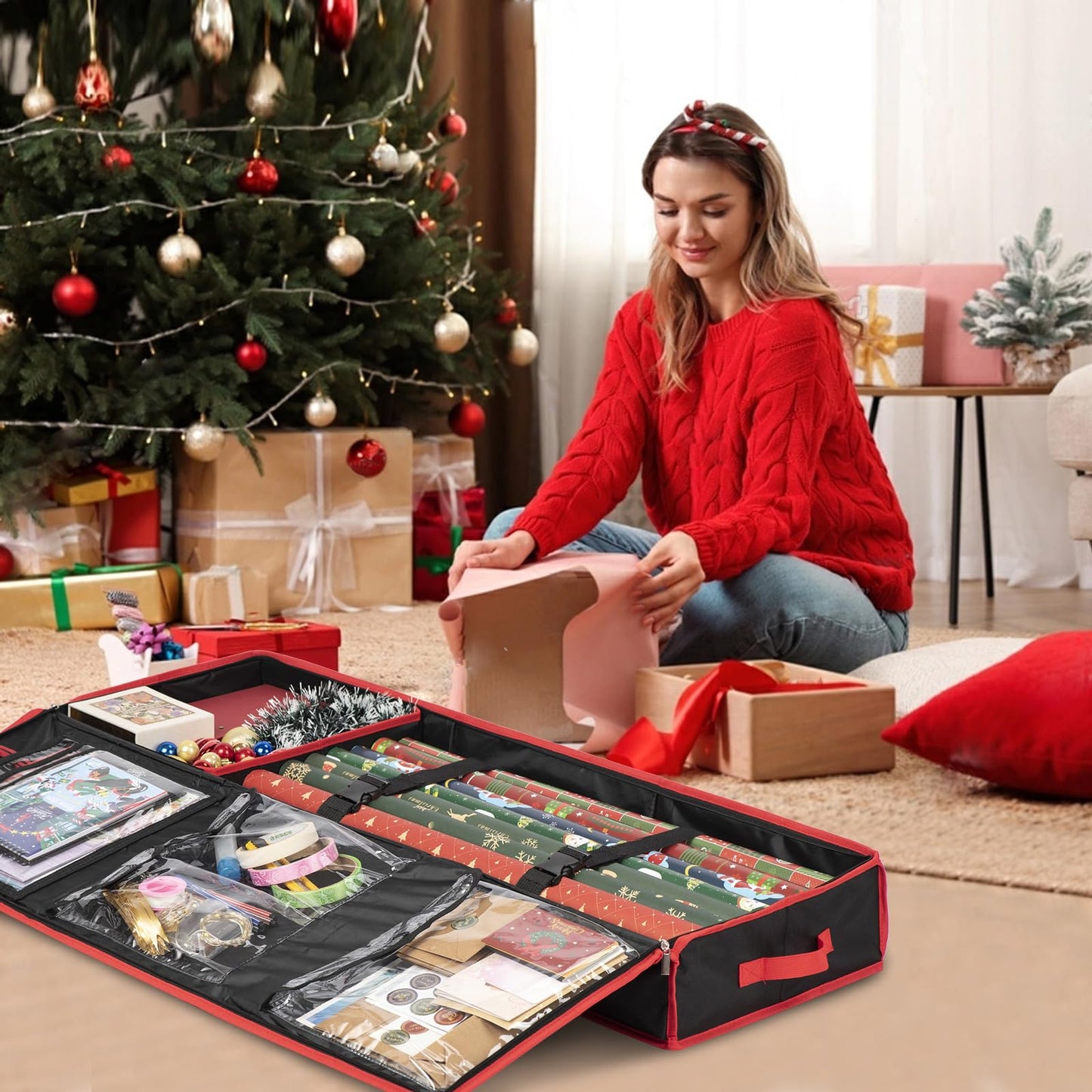 Wrapping Paper Organizer Storage for Christmas Gifts Wrapping Paper Storage, 600D Oxford Fits Ribbon, Ornaments, Holiday Accessories Flexible Partitions and Pockets （Black）