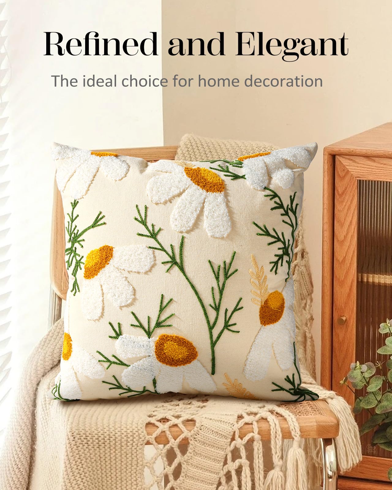 Kokaaee Embroidered Throw Pillow Cover - 18x18 Decorative Pillow Covers with Zipper for Couch Sofa Bedroom Aesthetic White Daisy Soft Cozy Cotton Pillowcase Covers with Patterned