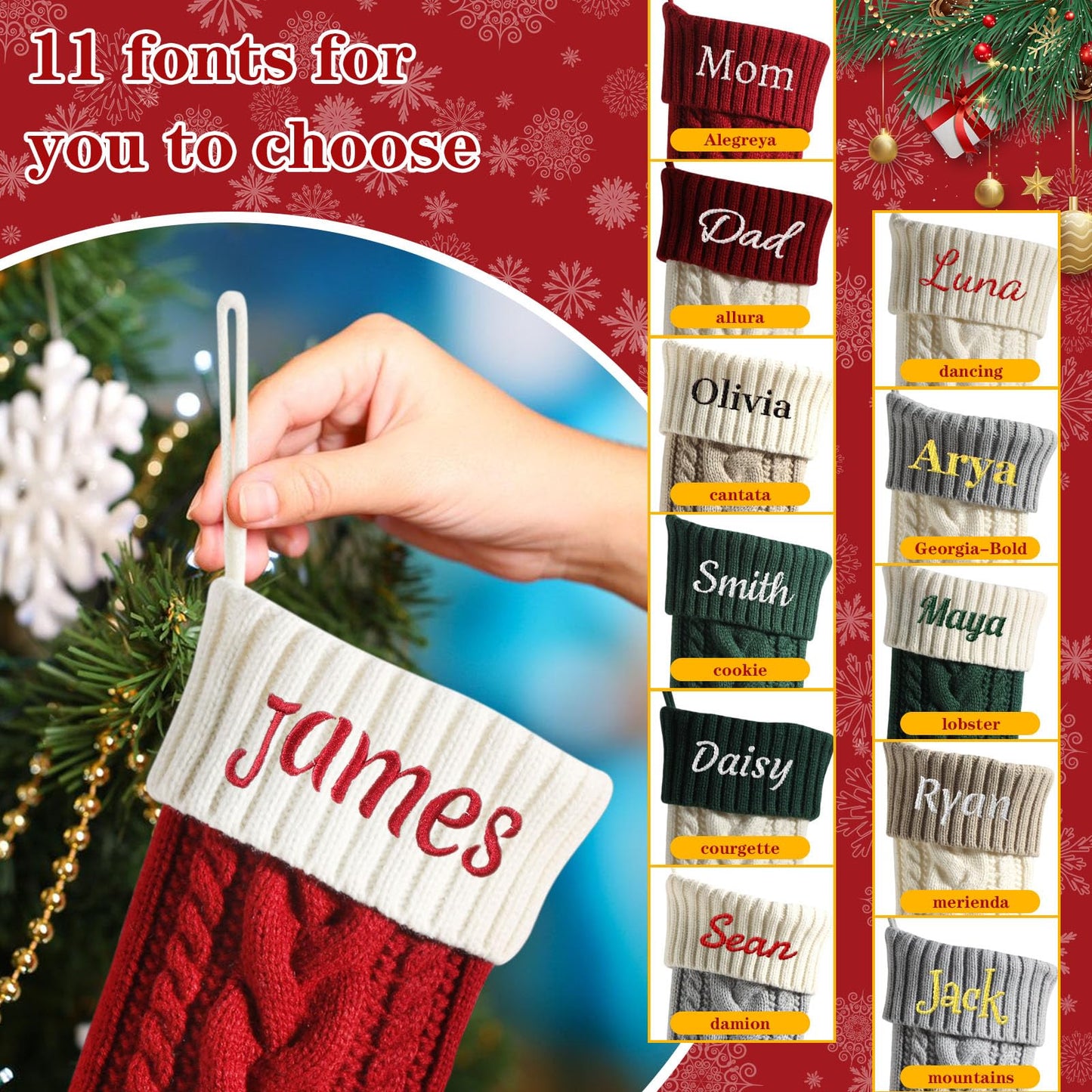 Personalized Christmas Stockings, 18” Large Custom Stockings with Embroidered Name, 1 Pack Knitted Xmas Stocking for Kids,Holiday and Family Stocking for Fireplace Christmas Party Decoration (A)