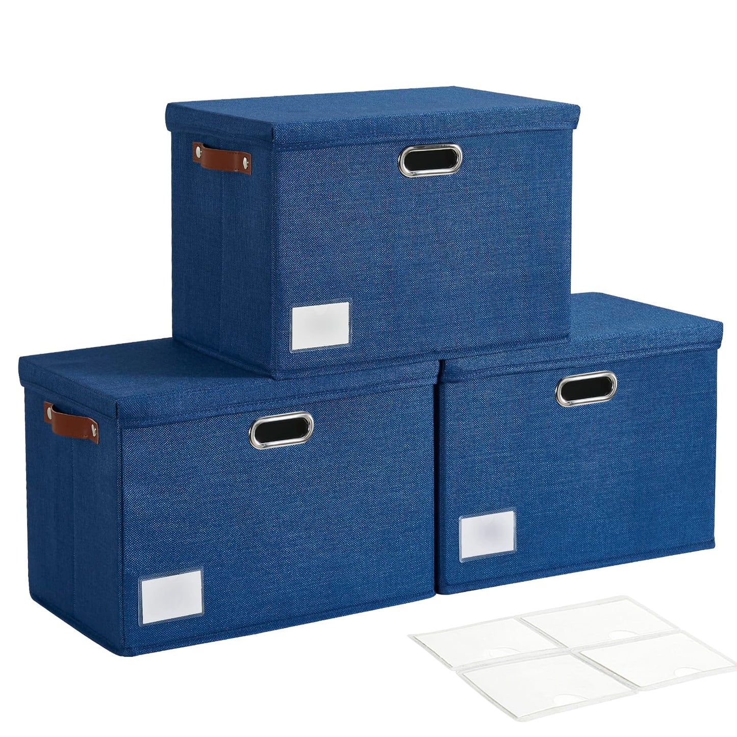 Roobyl 17" Large Collapsible Storage Bins with Lids, Stackable Closet Organizers with PU Handle and Labels, 3-Pack Decorative Fabric Storage Boxes for Home, Bedroom, Closet, Office, Nursery(Navy)
