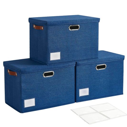 Roobyl 17" Large Collapsible Storage Bins with Lids, Stackable Closet Organizers with PU Handle and Labels, 3-Pack Decorative Fabric Storage Boxes for Home, Bedroom, Closet, Office, Nursery(Navy)