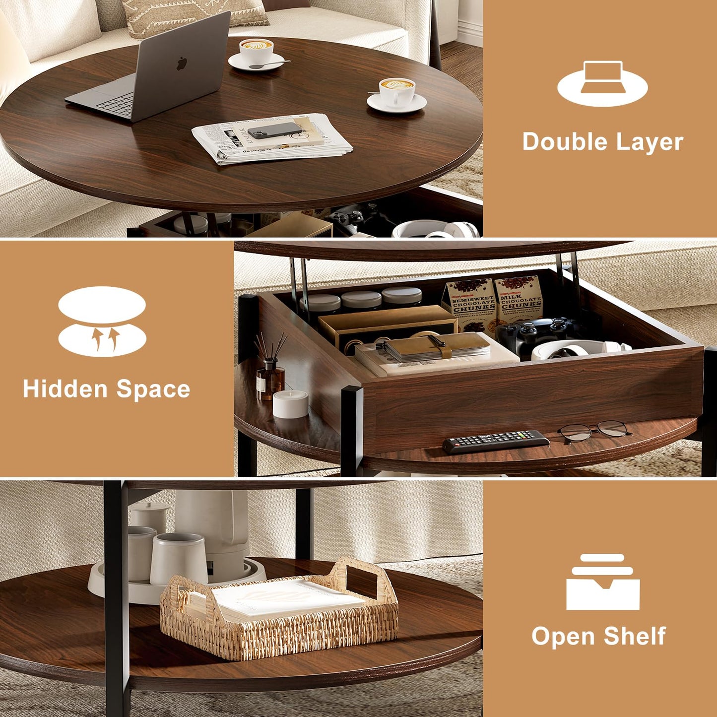 FABATO Round Lift Top Coffee Table With Wheels, 26.77'' Rolling Center Table With Storage and Compartment for Living Room, 2 Tier Small Circle Dining Table, Espresso