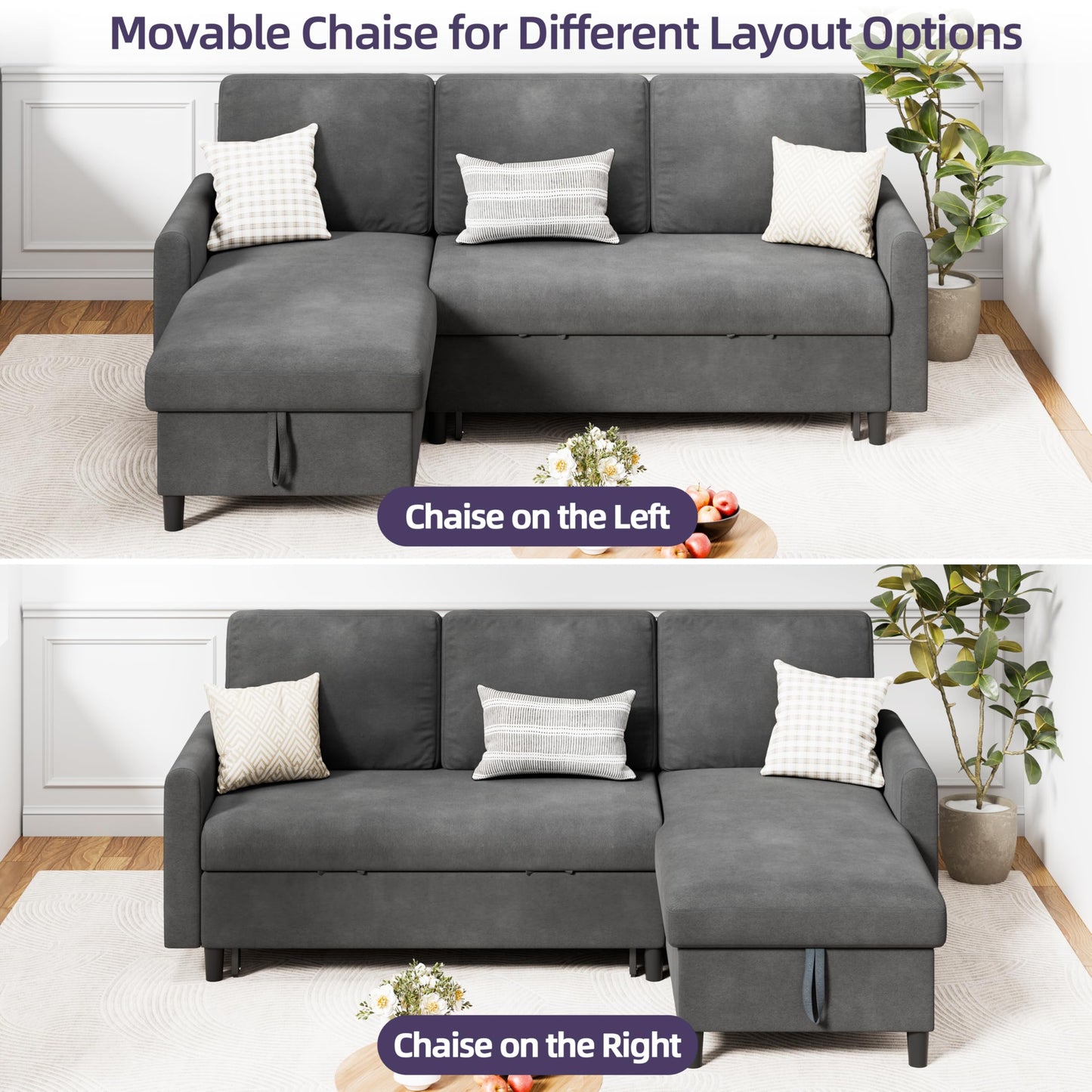 Shintenchi Sofa Couch, Sofa Bed- 2 in 1 Pull Out Couch Bed with Storage Chaise for Living Room, Sofa Bed Sectional Sofa Couch Linen Couch (Grey Black)