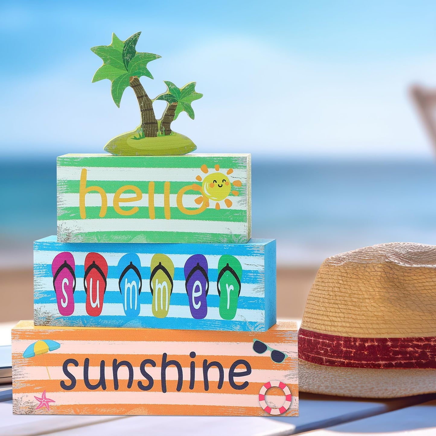 Hello Summer Wooden Tiered Tray Decor - Rustic Farmhouse Table Centerpiece & Shelf Decor for Home Office Indoor, Summer Tabletop Sign Blocks with Books Stack Design,Kitchen Decorations(Set of 4)