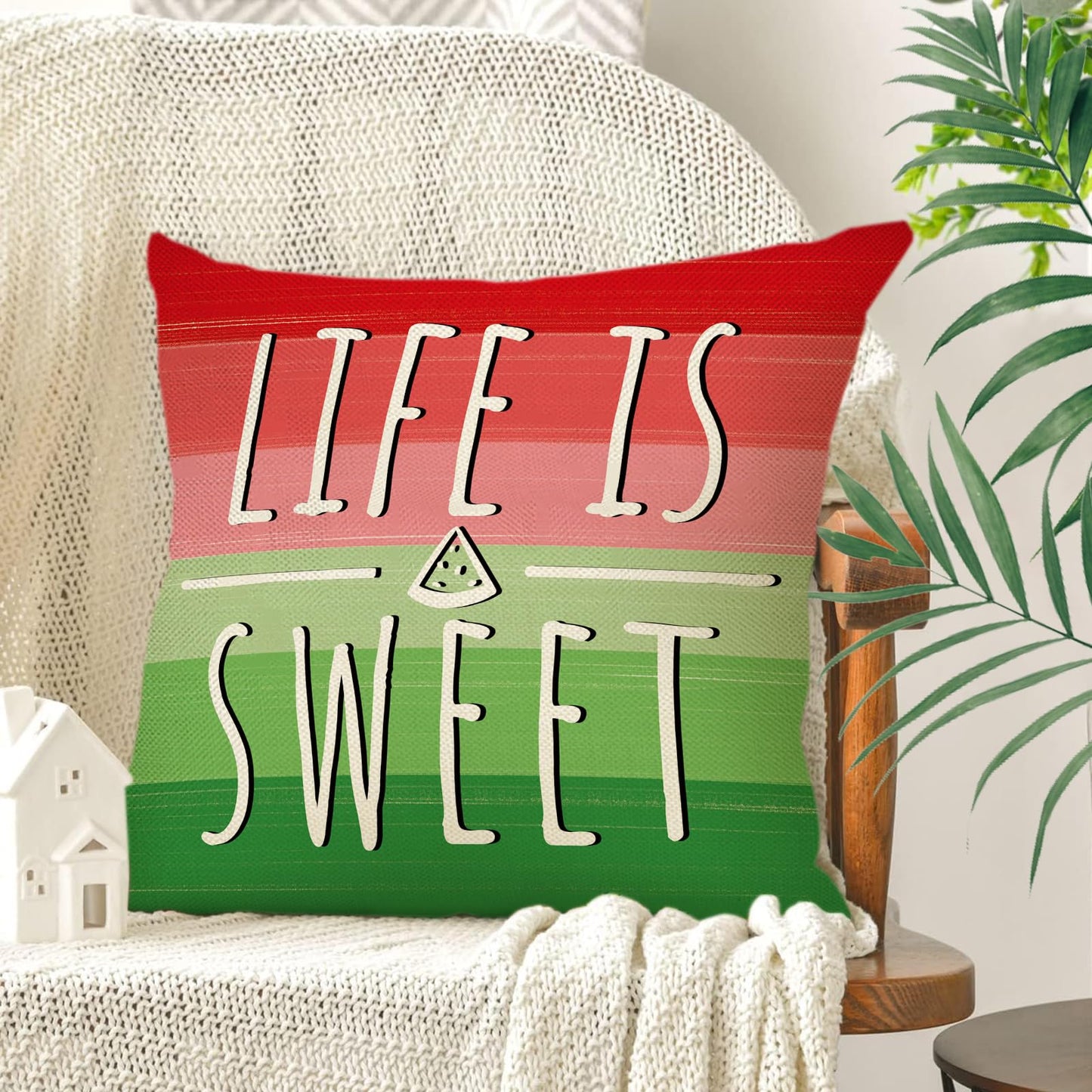 Ussap Hello Summer Watermelon Decorative Throw Pillow Covers 18 x 18 Set of 4, Life is Sweet Red Green Stripes Cushion Case Decor, Summer Vibes Fruit Juice Bees Seasonal Home Decoration for Sofa Couch