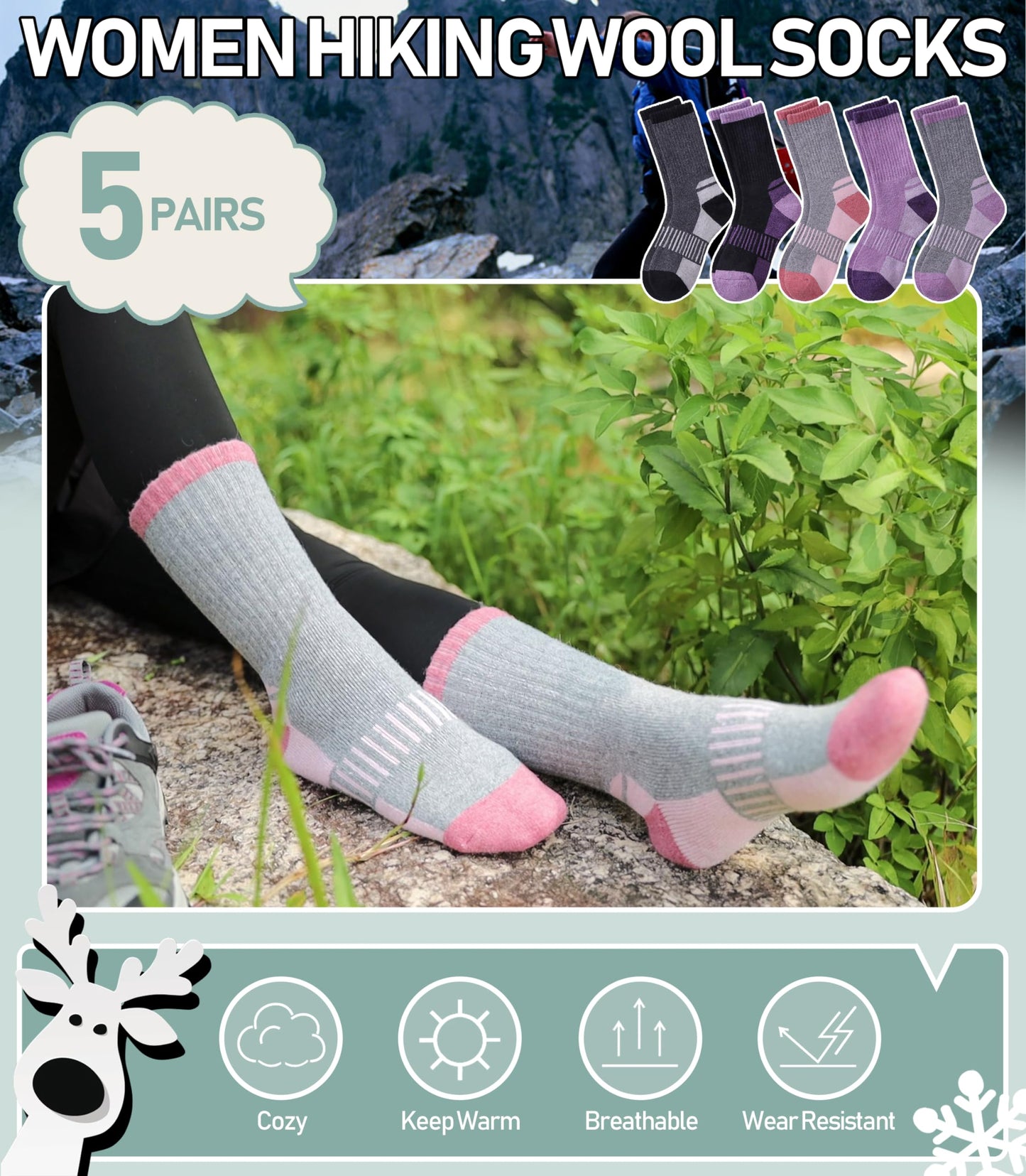 Yebing Merino Wool Hiking Socks for Womens Thermal Warm Winter Boot Crew Cushion Cozy Thick Work Gift Socks 5 Pairs Mixed Color A,Medium