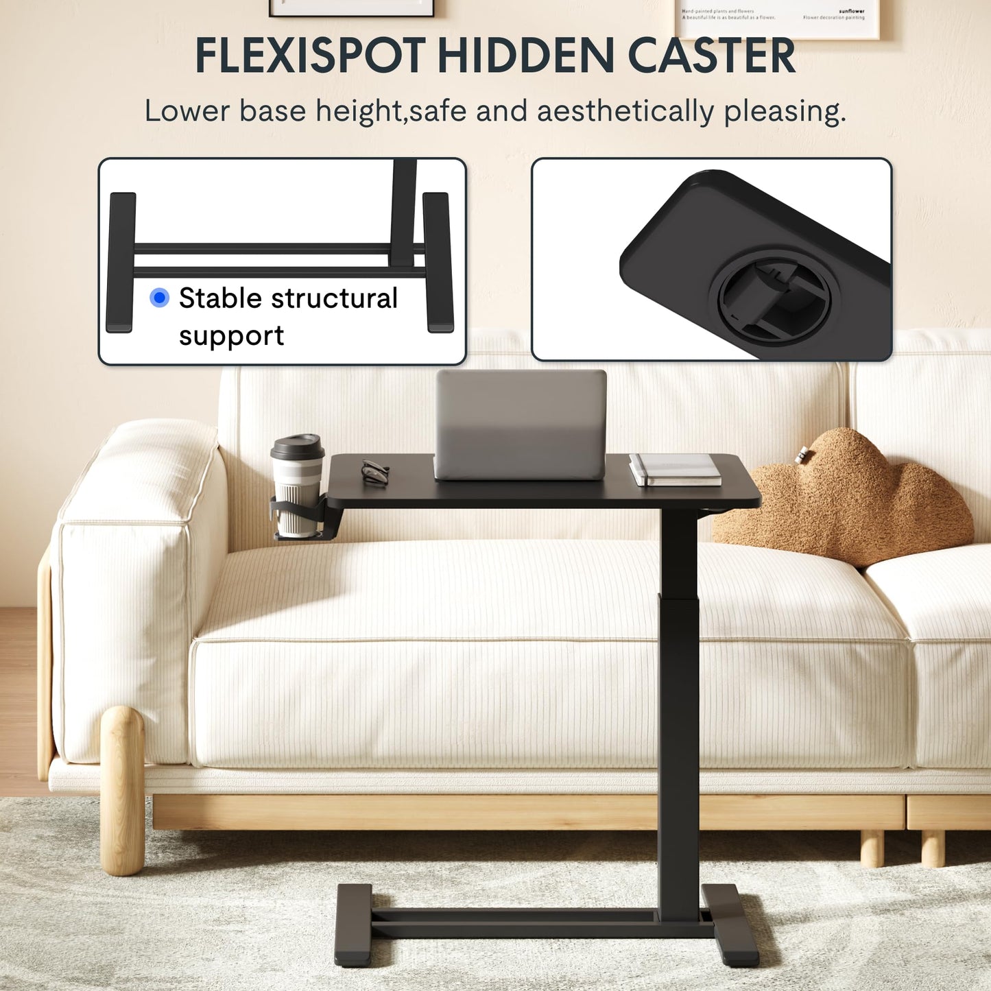 FLEXISPOT H7 Adjustable Overbed Bedside Table with Wheels Pneumatic Mobile Standing Desk Laptop Desk Rolling Computer Cart Movable Overbed Tables Hospital Home Use(27.6" W x 15.7" D, Black Table)