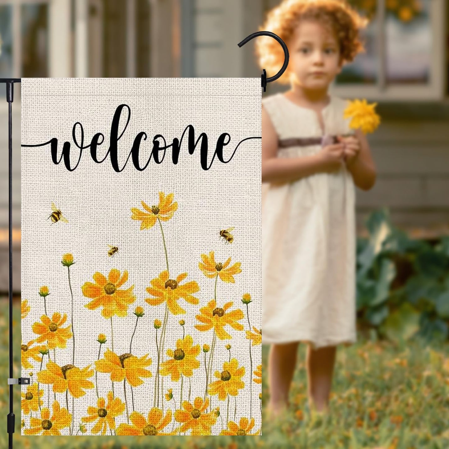 Lighted Spring Summer Floral Welcome Garden Flag, 12 x 18 Inch Double Sided Vertical Burlap Sunflower Bee Led Garden Flag for Seasonal Holiday Outdoor Yard Decoration