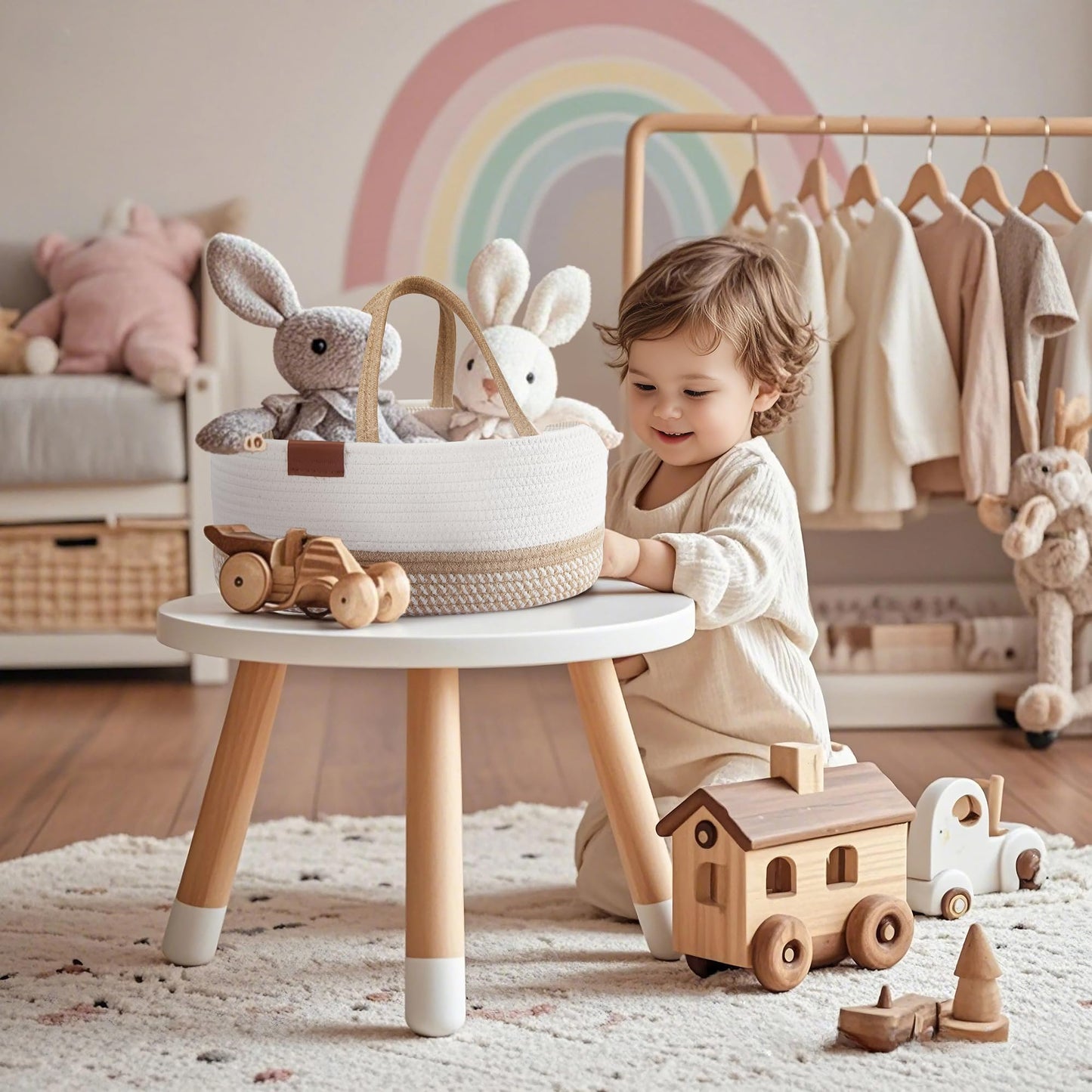 DECOMOMO Baby Caddy Organizer, Diaper Caddy Basket, Baskets for Baby Shower Gifts (Spiral Beige & White, Extra Large)