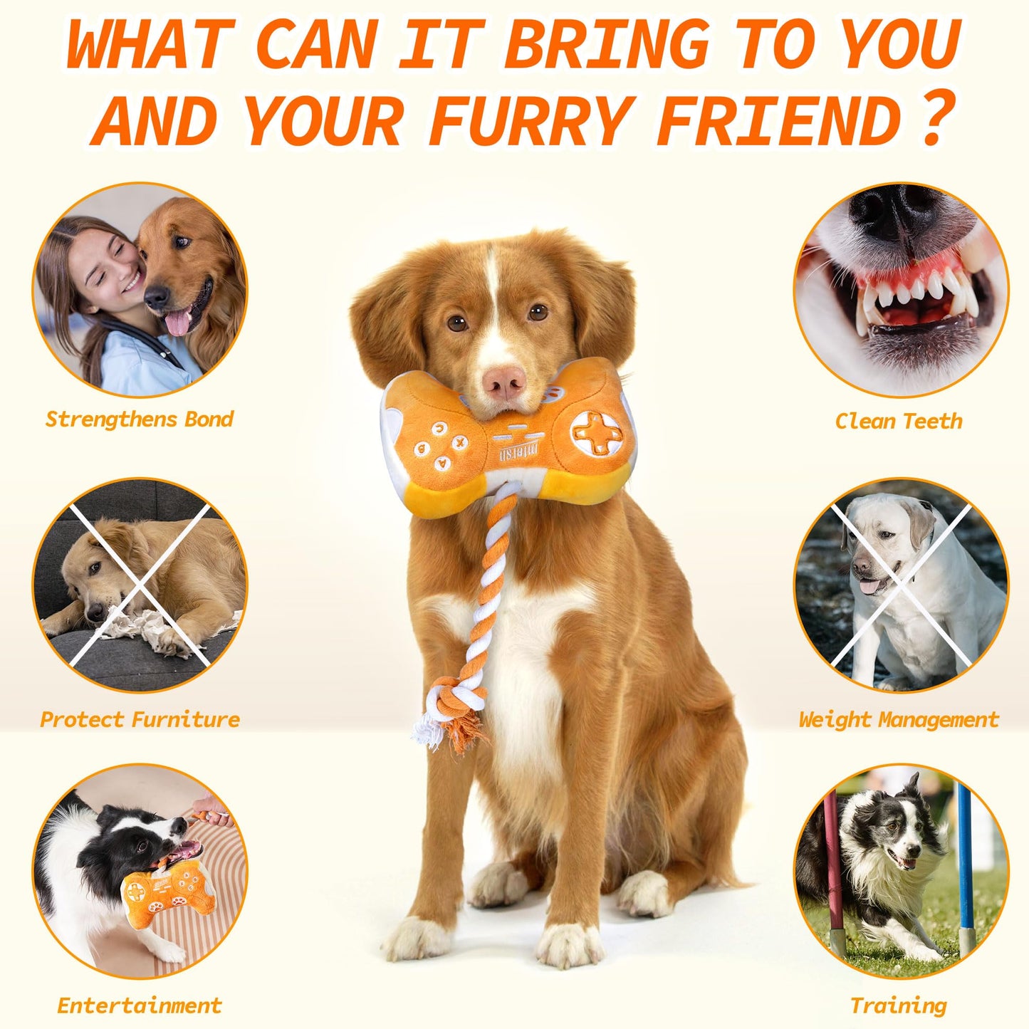 MTERSN Plush Dog Toy : Interactive Squeaky Dog Toys with Crinkle Paper and Gaming Controller Shape Dogs Rope Toys - Funny Pet Chew Toys with 3 Squeakers for Puppy, Small, Medium, Large Dogs (Yellow)