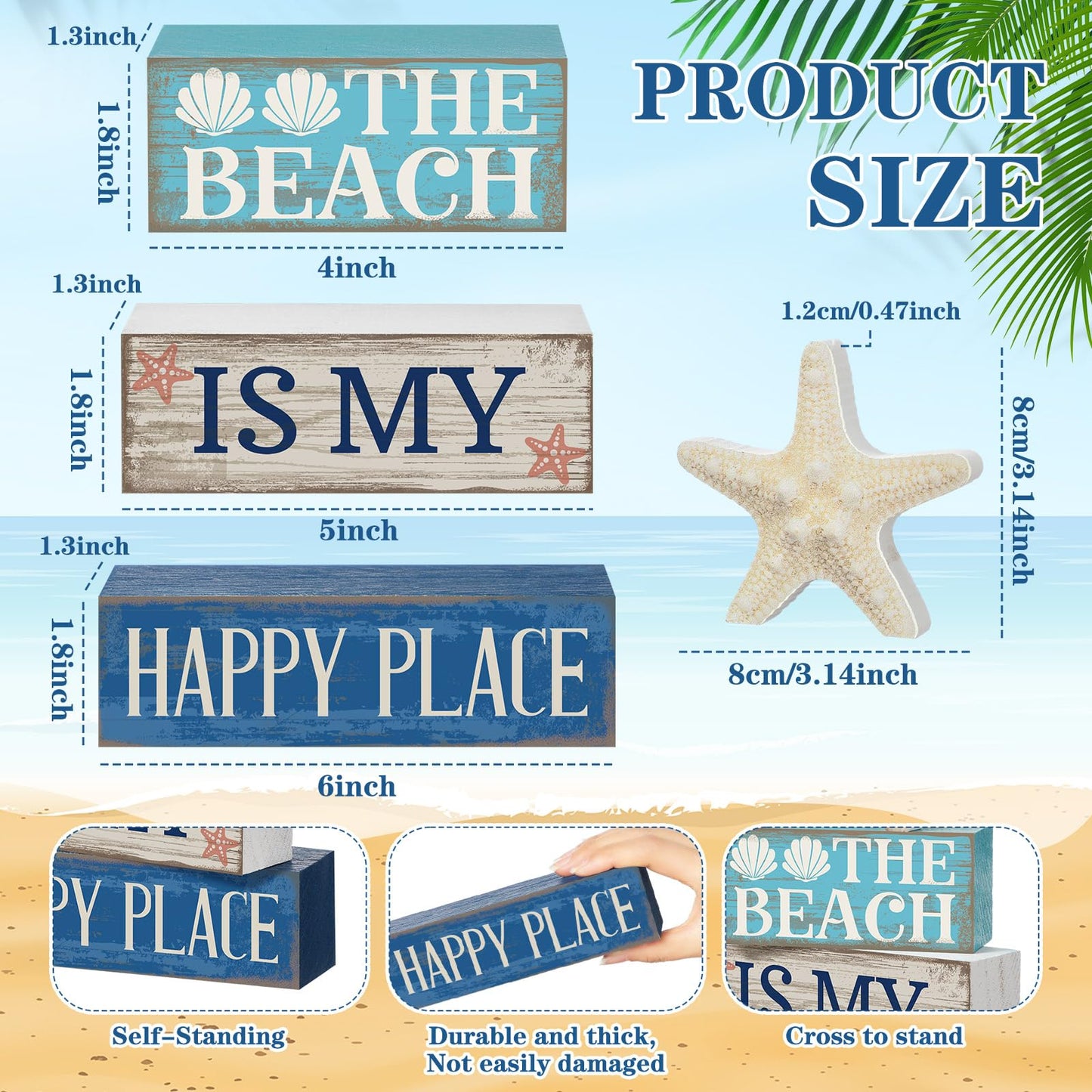 Moucuny 4 Pcs Summer Beach Tiered Tray Decor Ocean Starfish Shell Table Centerpieces Summer Rustic Decorative Starfish Block Signs Gift Farmhouse Tabletop Sign for Home Table Kitchen Shelf
