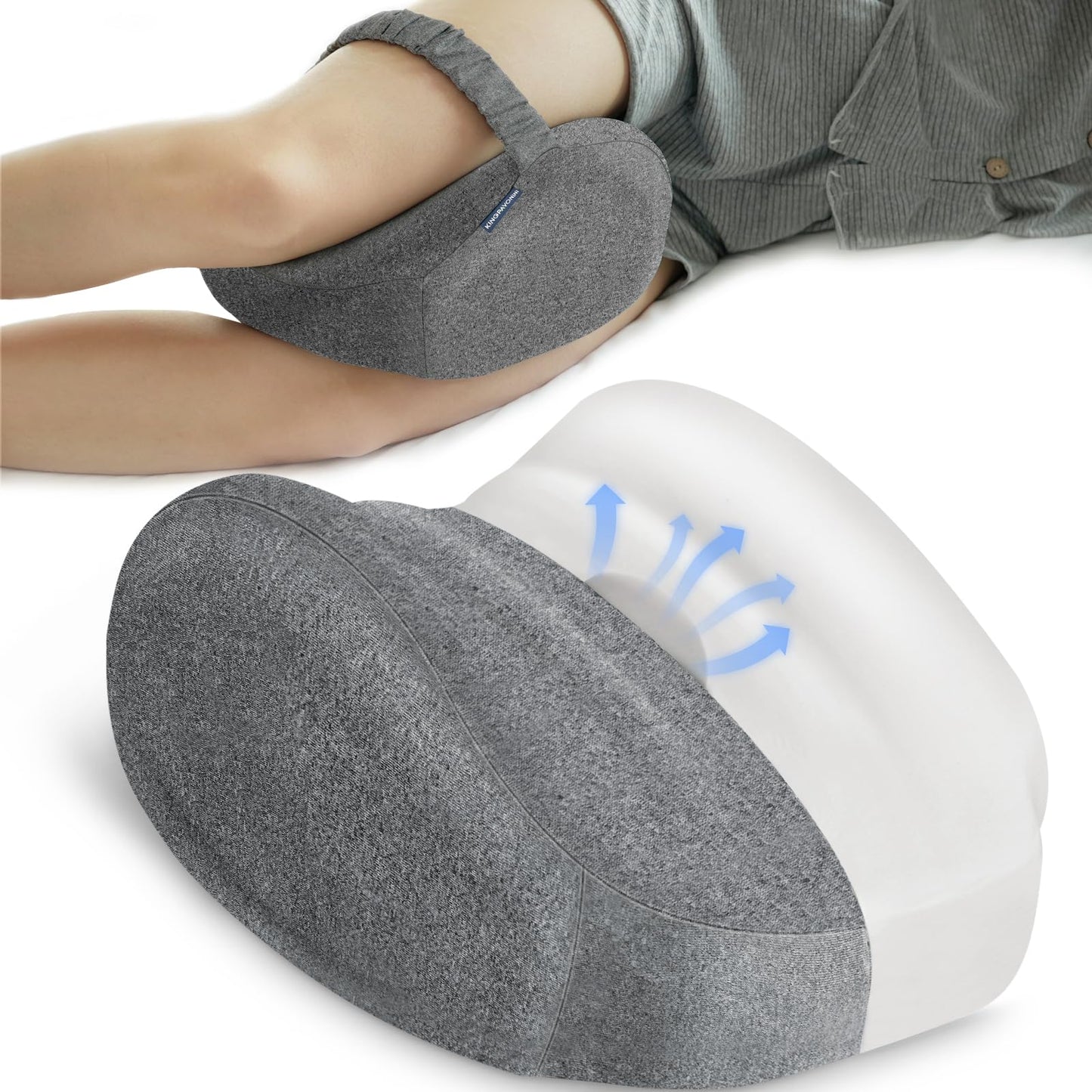 KingPavonini Cooling Knee Pillow for Side Sleepers Hip Pain, Memory Foam Leg Pillow for Side Sleeping with Strap, Ergonomic Hip Pillow for Spine Aligning, Back/Knee Pain, Sciatica, Pregnancy