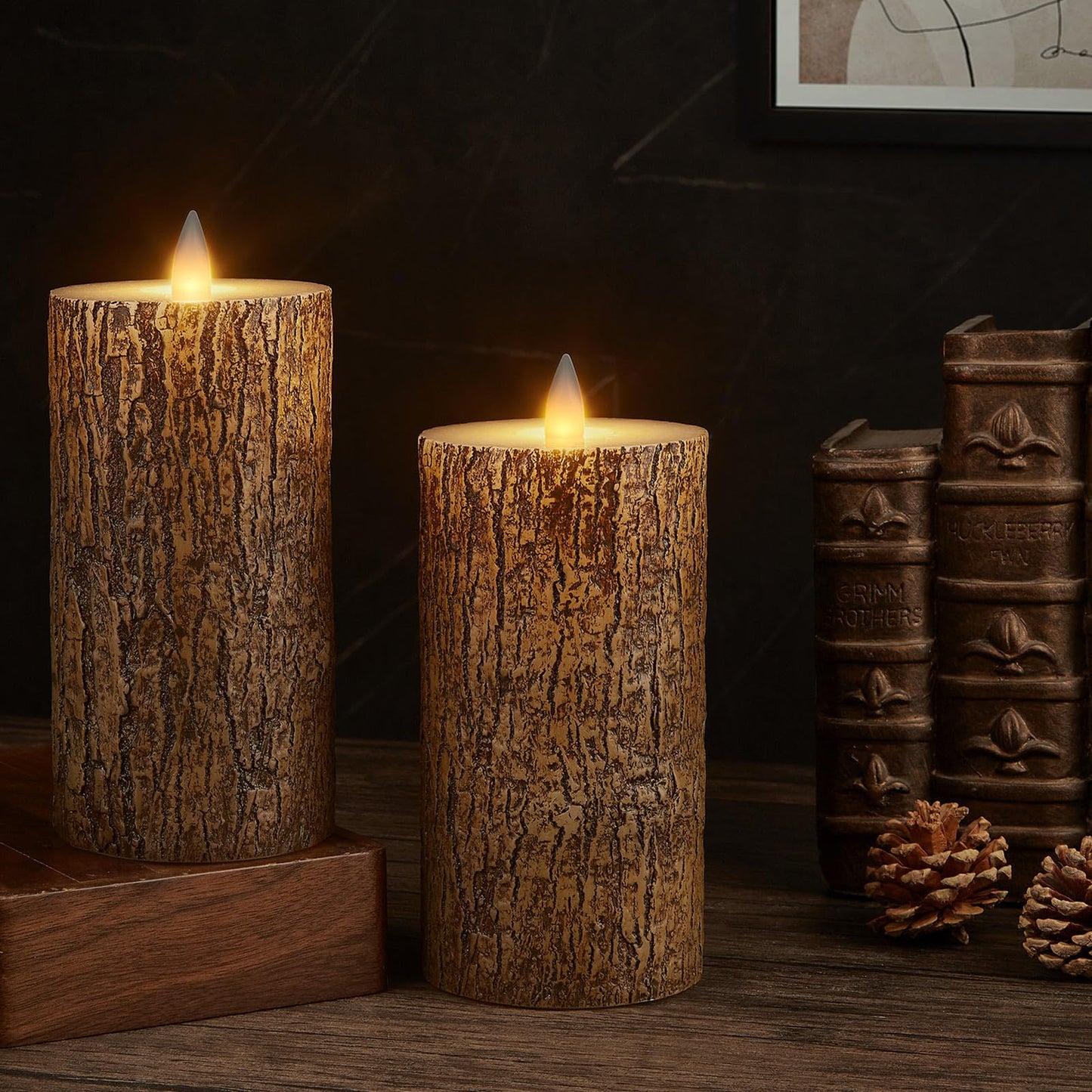 CozierGlow Brown Bark Wax Flameless Pillar Candles with Remote Timer, 3D Moving Flame Led Candles up to 400 Hours with 2AA Batteries, Set of 2(3''x6''), Remote Included (Brown).