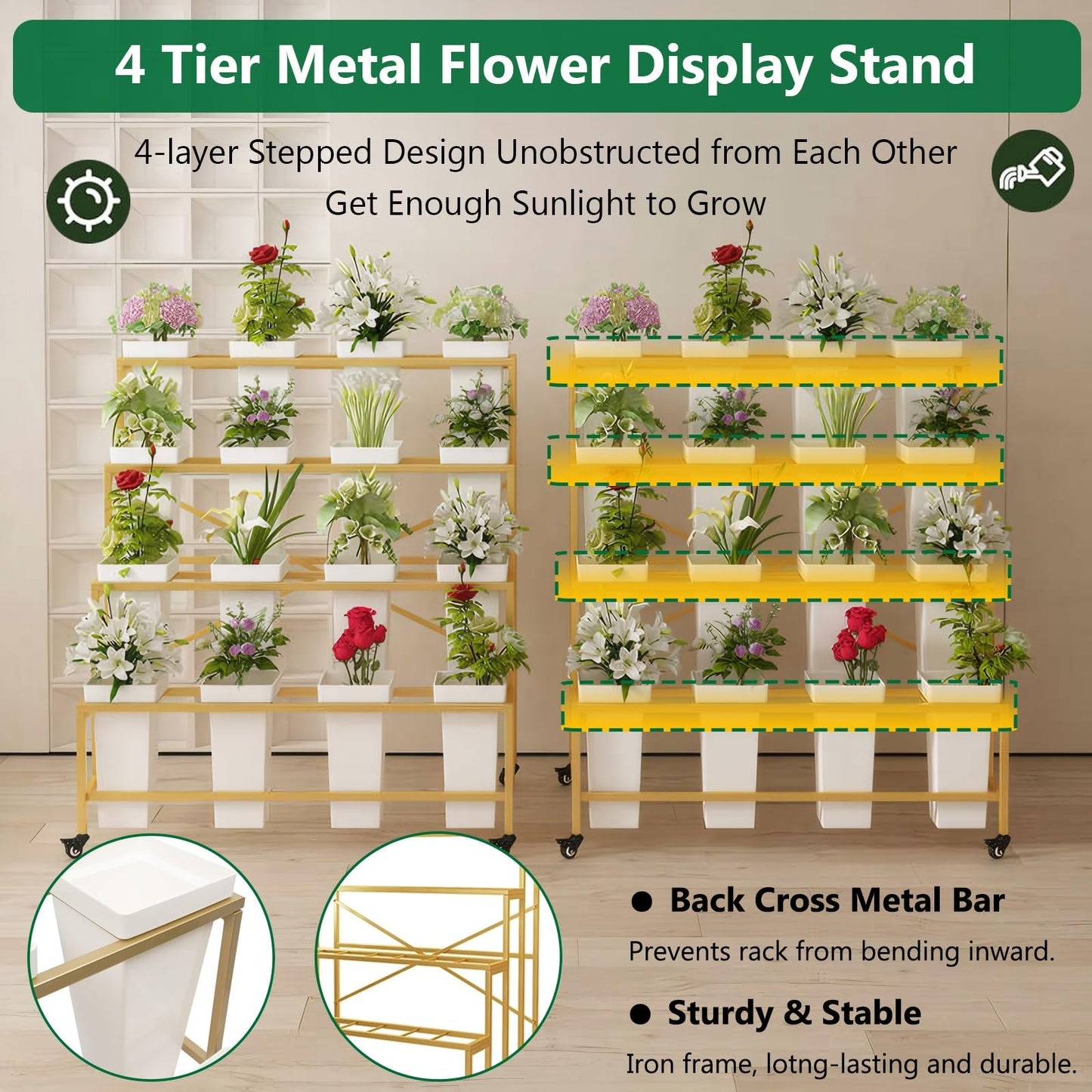 OMKUOSYA 4 Tier Flower Display Stand, Indoor And Outdoor Metal Flower Stand With Wheels, Plant Stand With 16pcs Buckets For Florist Garden Patio(Gold rack and black barrel)