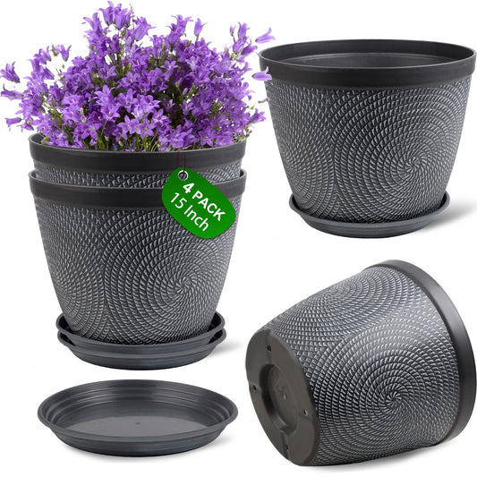 Quarut 4 Pack 15 Inch Large Planter Pot for Plants Outdoor Indoor, Plastic Flower Pots with Drainage Hole & Saucer, Modern Decorative Medium Large Plant Garden Pot, Plant Container for House (Gray)