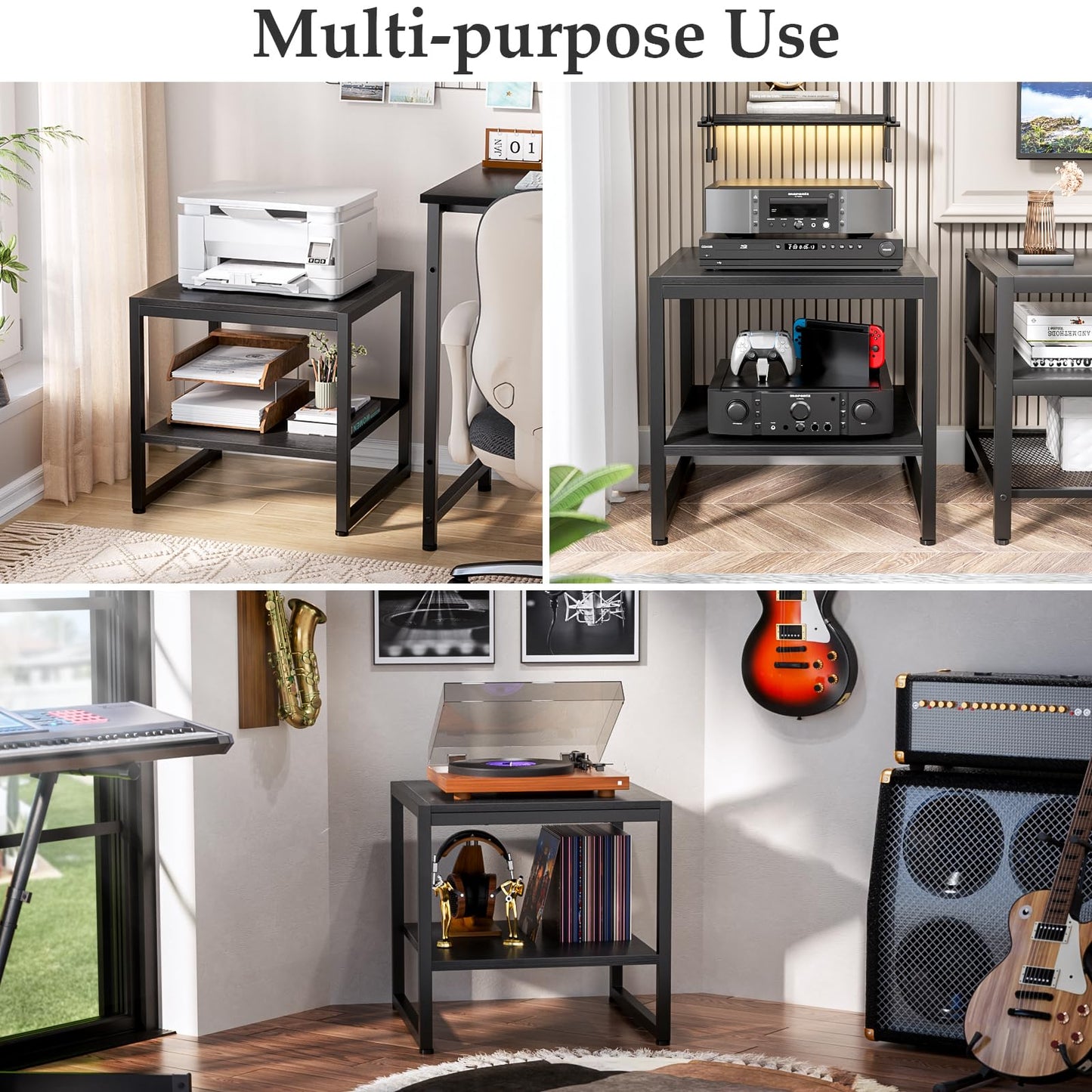 Homieasy End Table, 20 Inch Square End Table, Mini Fridge Stand with 2-Tier Storage Shelves, Industrial Wood Side Tables for Living Room, Black