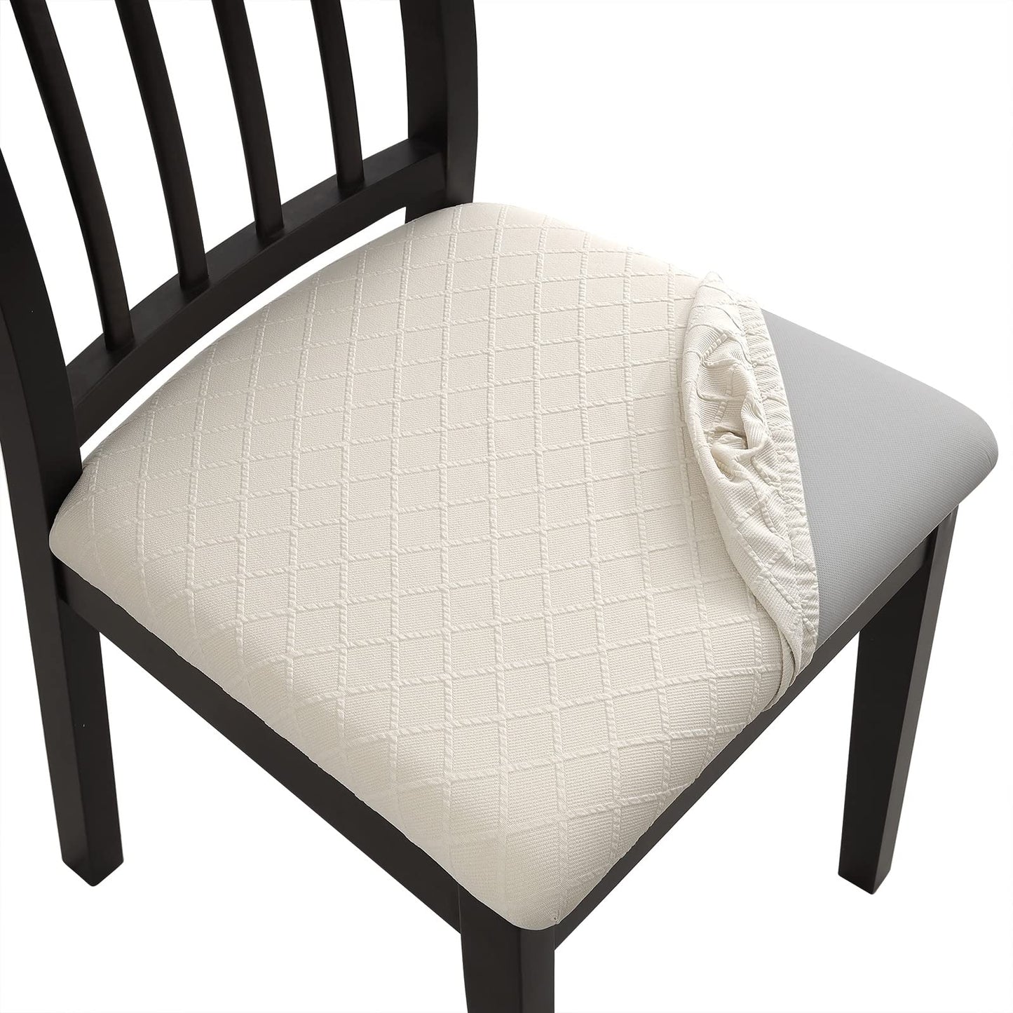 Fuloon Waterproof Seat Cushion Covers 6 PCS, Stretch Jacquard Chair Seat Covers Washable Dining Room Chair Slipcovers Removable Kitchen Cushion Protector (6, Waterproof-Beige)