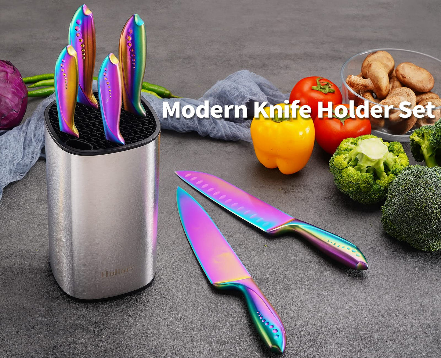 Rainbow Knives Block Set 7 Pieces, Iridescent German High Carbon Stainless Steel Kitchen Knives Pack with Universal Knife Holder