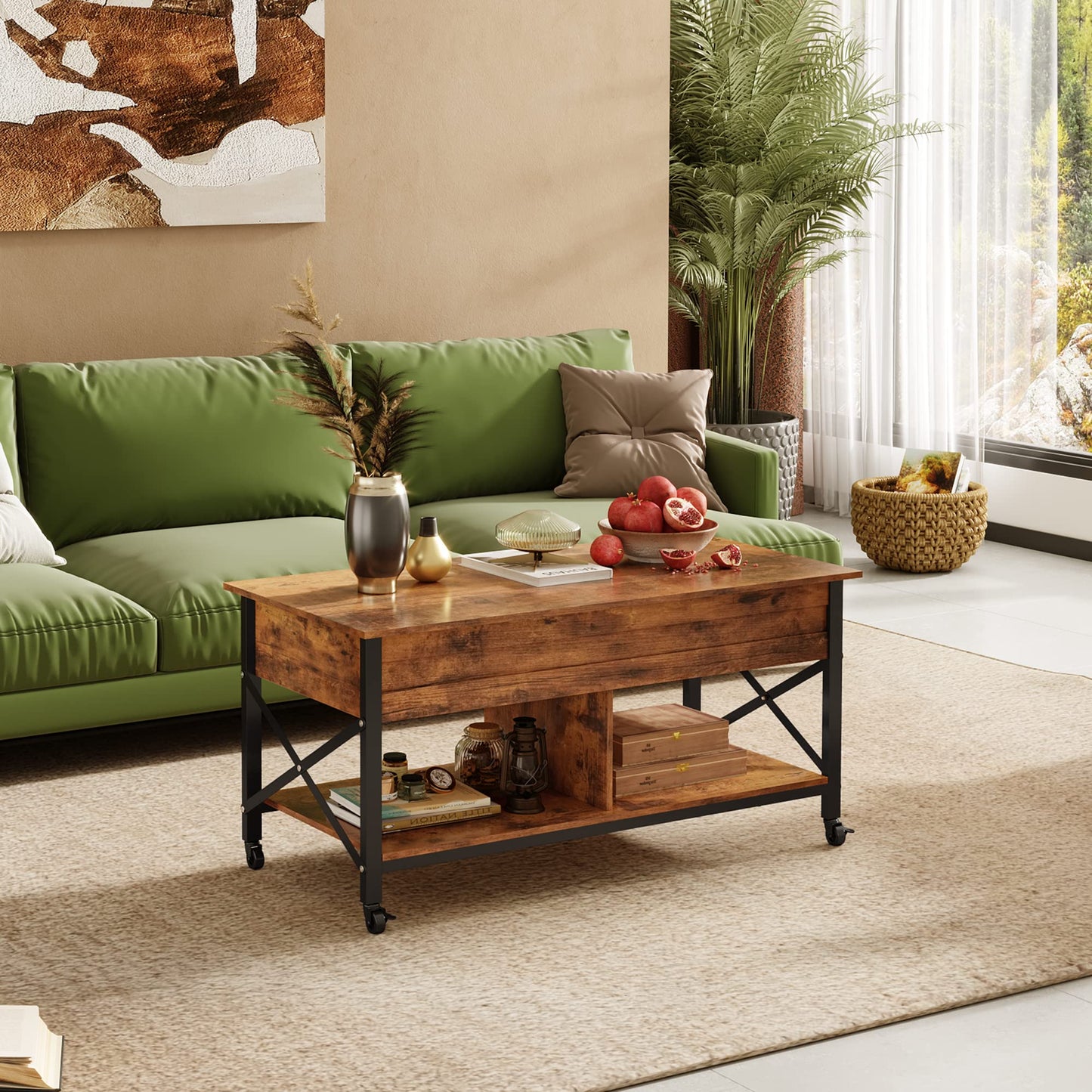 WLIVE Coffee Table, 41.3" Lift Top Coffee Table with 4 Wheels, Hidden Compartment, Storage Shelf and Lift Tabletop for Living Room, Reception Room, Rustic Brown