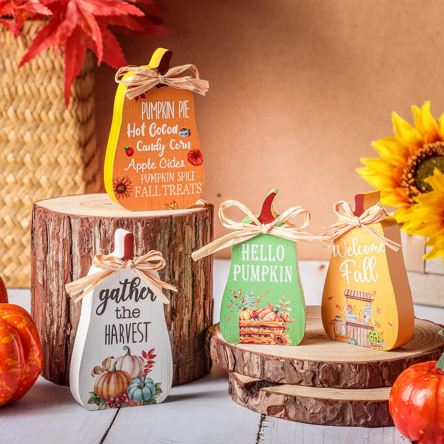 4 Pieces Fall Decorations Mini Tiered Tray Decor Thanksgiving Pumpkins Table Centerpiece Welcome Tabletop Sign Rustic Wood Kitchen Signs for Home Autumn