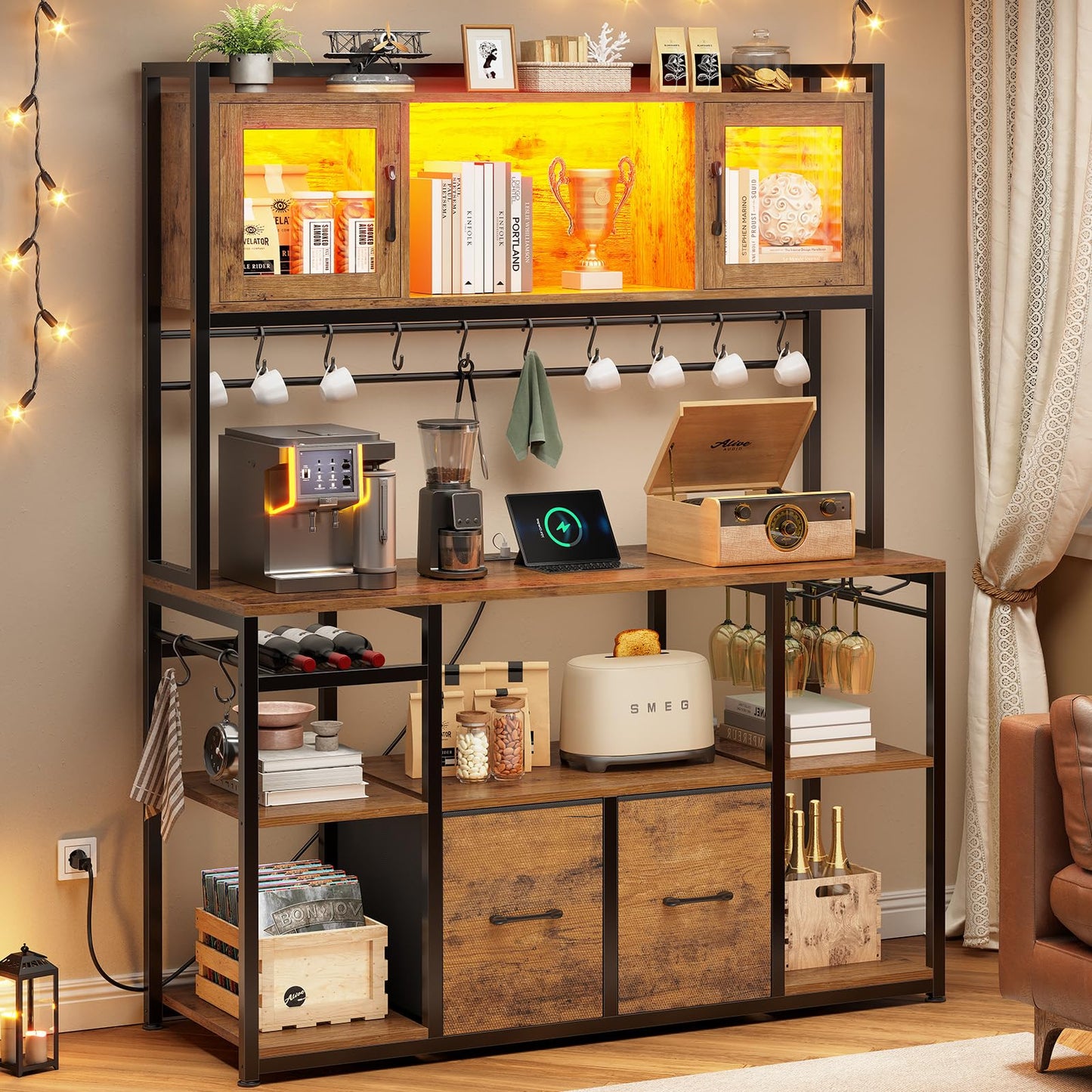 Itaar 47.2 Inch Coffee Bar Cabinet with Power Outlet, Farmhouse Bakers Rack with Storage, Kitchen Microwave Stand with Wine Rack, LED Light, Glass Cabinet, Goblet Holder and 12 Hooks (Rustic Brown)