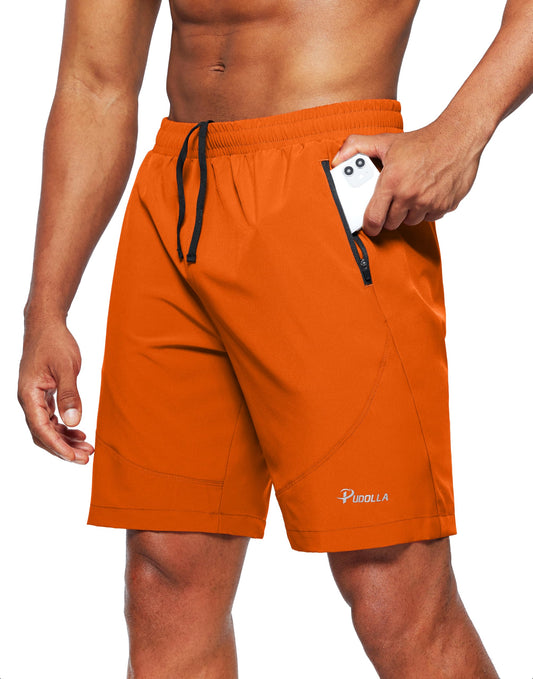 Pudolla Men's Workout Running Shorts Lightweight Gym Athletic Shorts for Men with Zipper Pockets(Orange Large)
