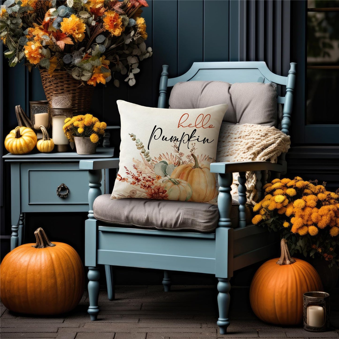 MODOVOS Fall Pumpkin Throw Pillow Covers Thanksgiving Farmhouse Decorations Wheat Floral Outdoor Fall Decor Pillow Covers 18x18 Set of 4 Harvest Autumn Cushion Case for Sofa Couch
