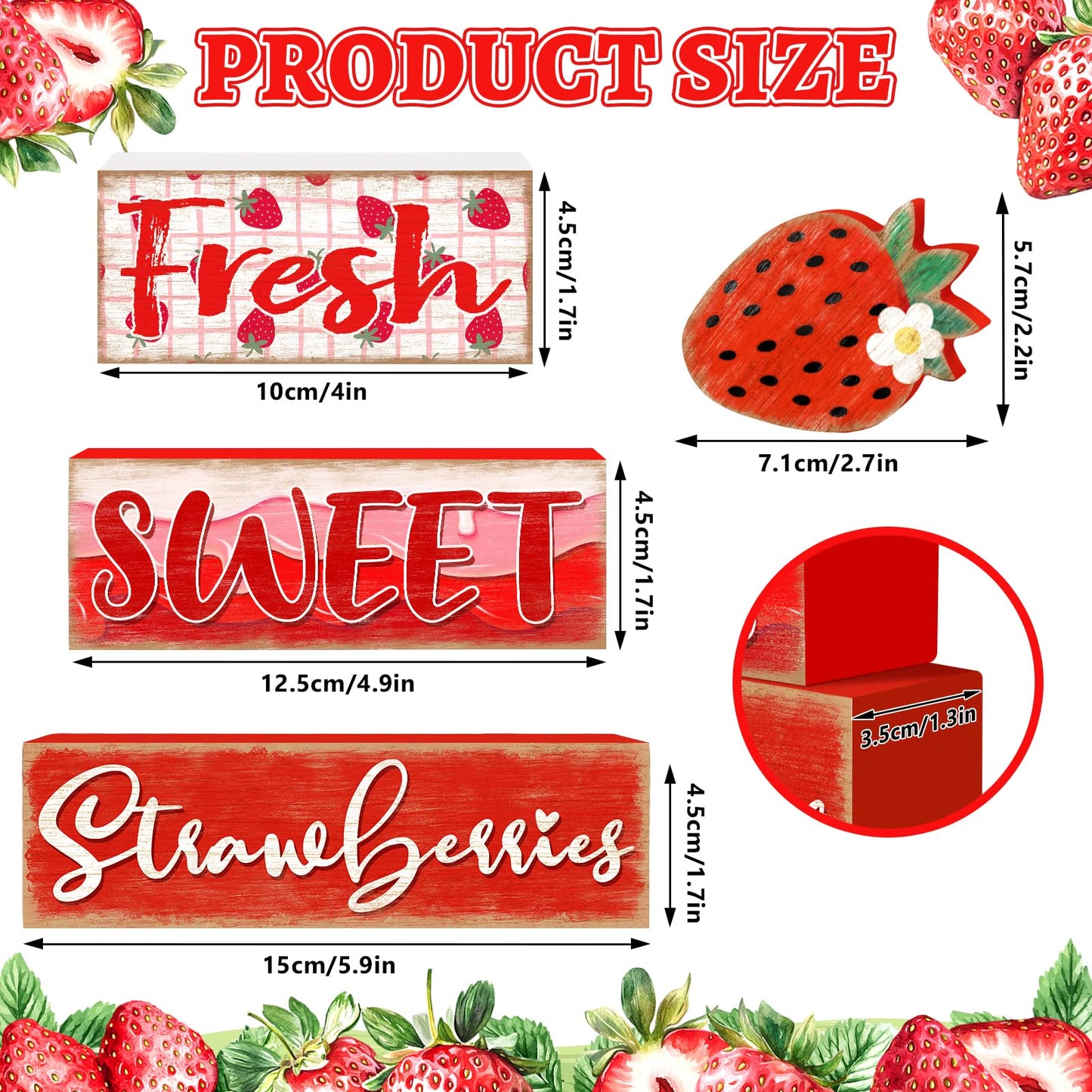 Britimes 4 Pcs Strawberry Decor Summer Wooden Tiered Tray Set, Strawberry Table Décor Farmhouse Rustic Wooden Coffee Table Centerpieces for Home kitchen Office Decorations (Strawberry Style)