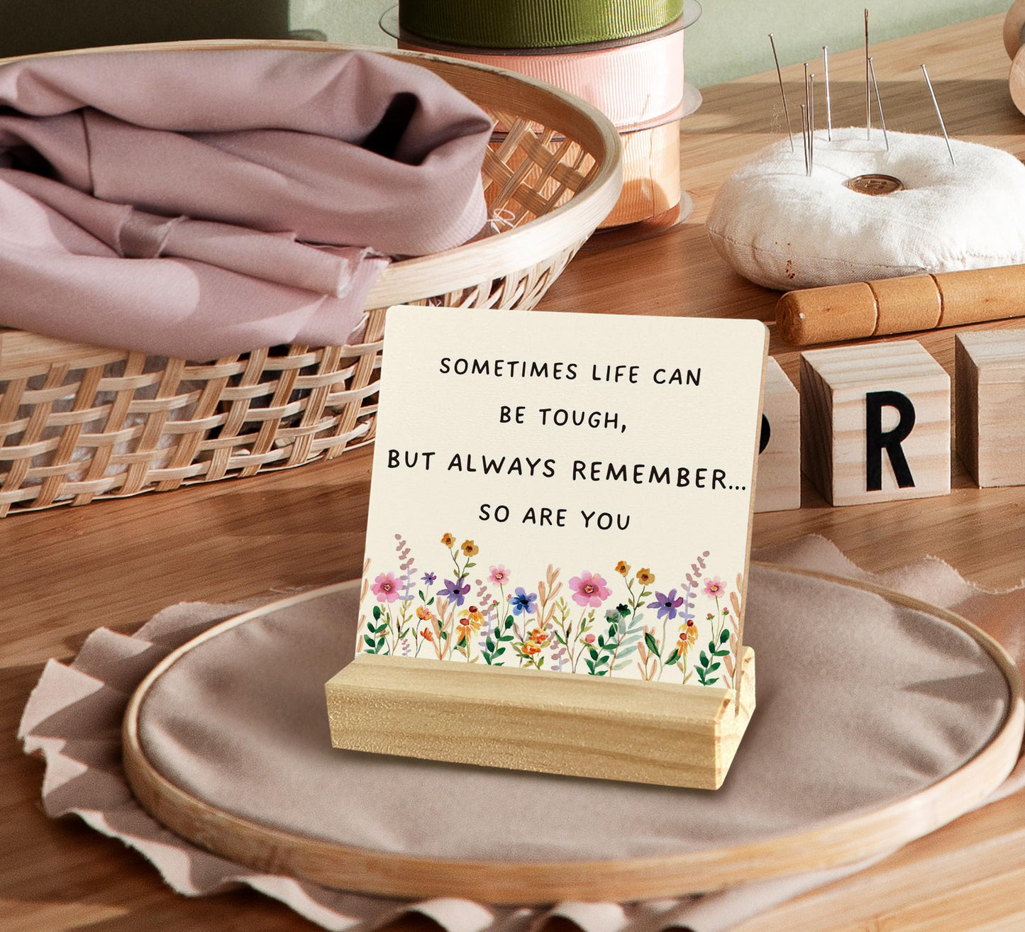 QASHWEY Motivational Desk Decor, Inspirational Desk Decor Floral Wood Table Signs, Inspirational Gifts for Women Friends, Sometimes Life Can be Tough Wooden Plaque with Wooden Stand for Home Office