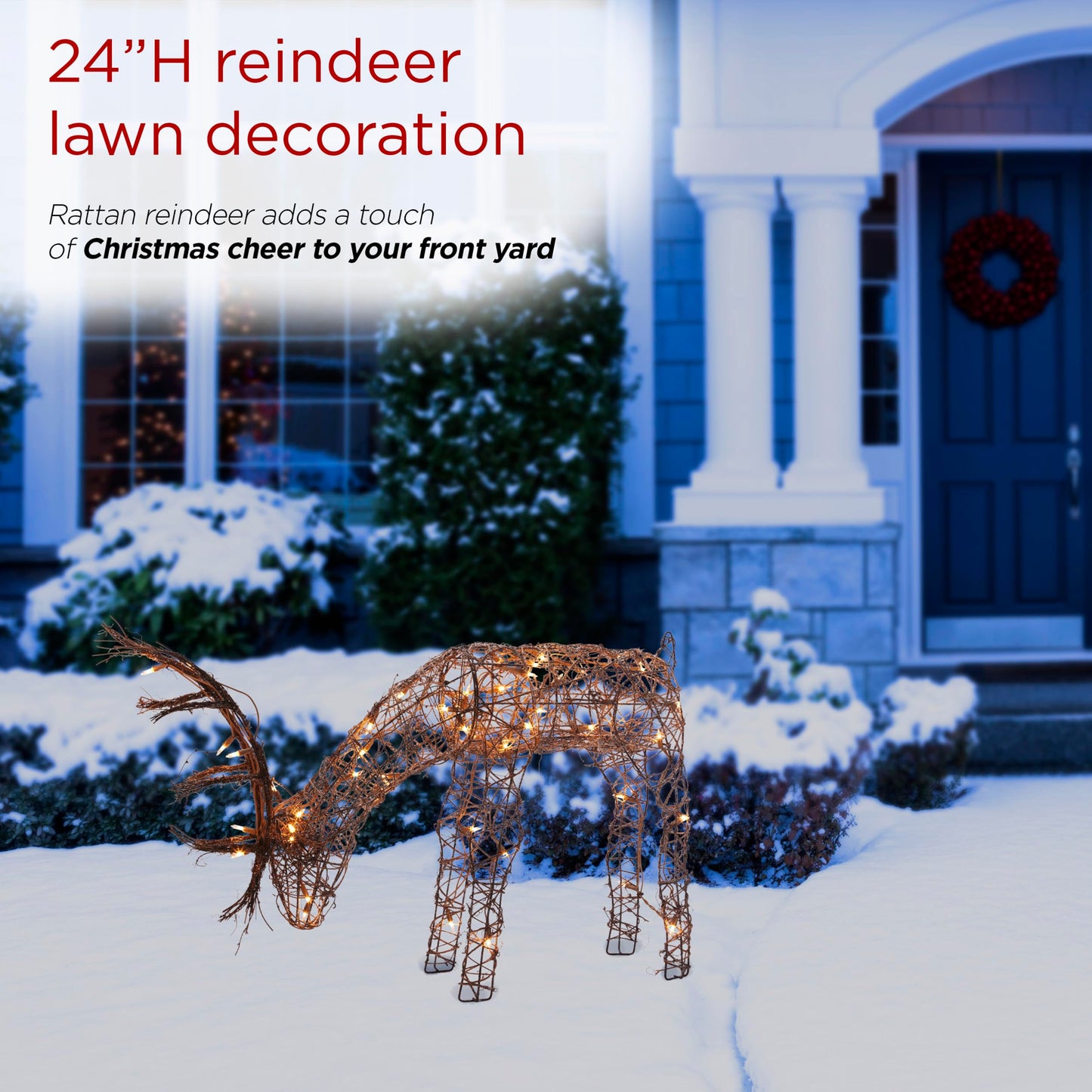 Alpine Corporation 24"H Outdoor Rattan Grazing Reindeer Lawn Decoration with White Lights , Christmas Decoration