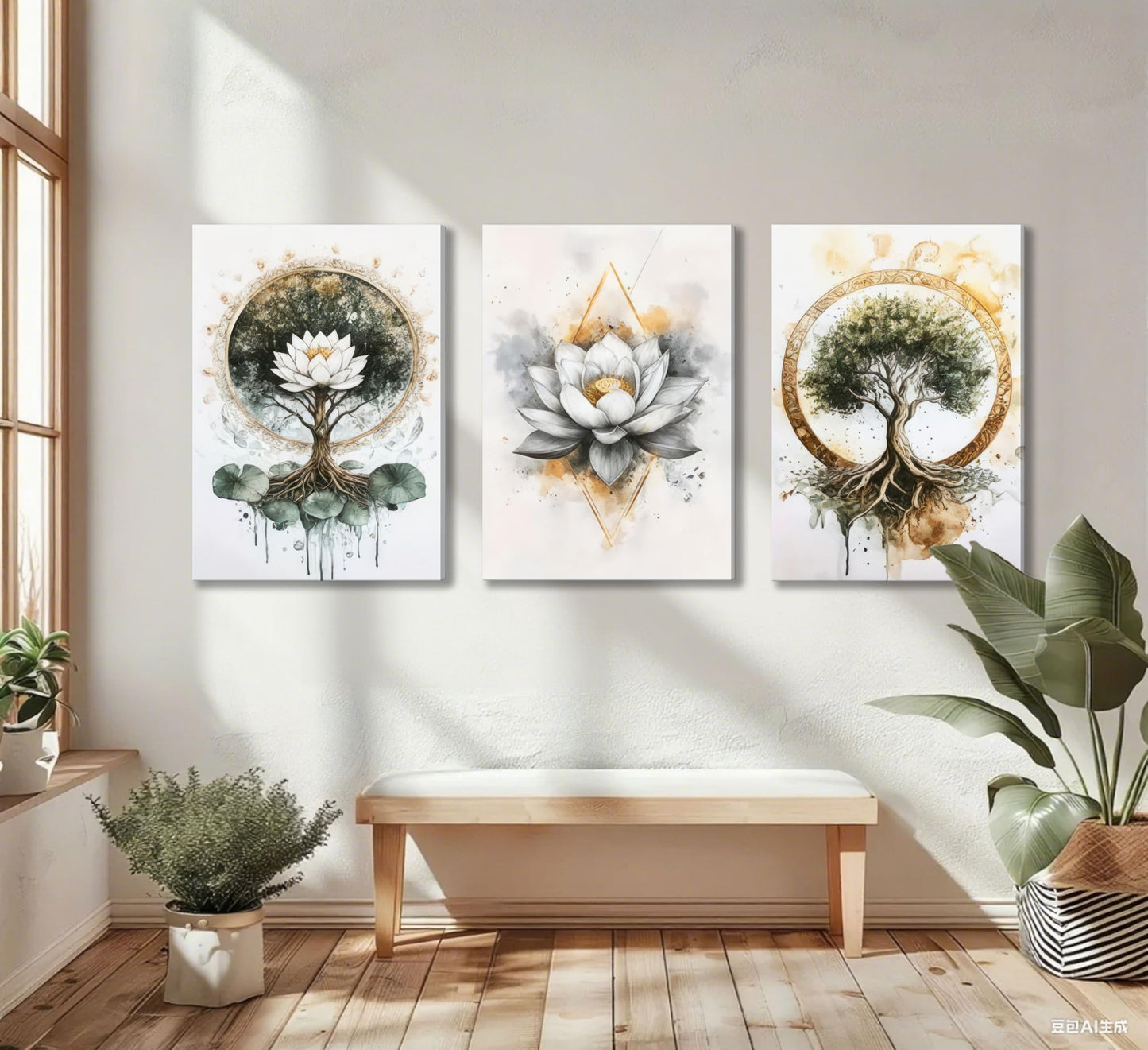 3Pcs Zen Meditation Lotus Canvas Wall Art Spiritual Bathroom Yoga Spa Paintings Pictures Wall Decor Tree of Life Posters Prints Artwork for Living Room Office Bedroom Home Decoration.