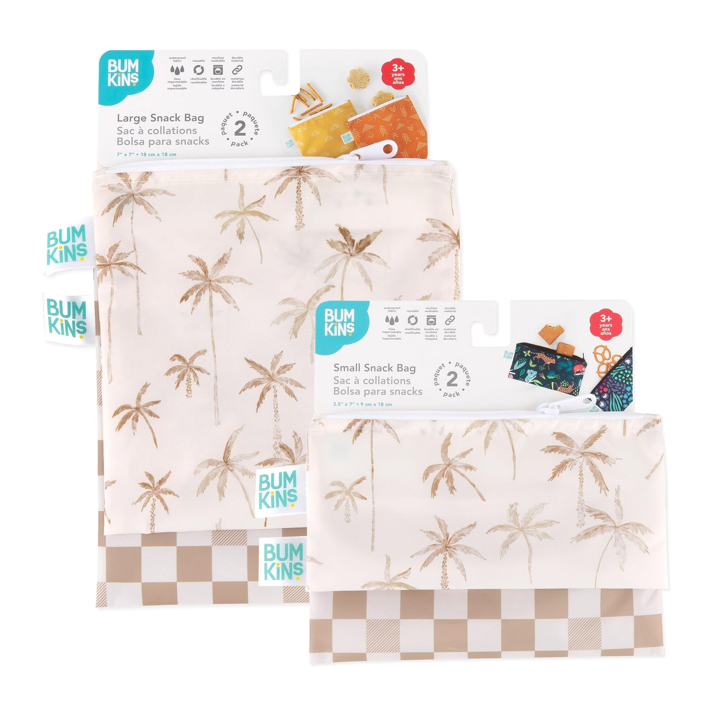 Bumkins -Cloth Snack & Sandwich Bags -For Storage, Travel, Food Prep, Lunch -Reusable, Water Resistant, Washable, Dishwasher Safe -Snack Bags for Kids -Zipper Closure -Beige Check & Palm Trees -4 Pack