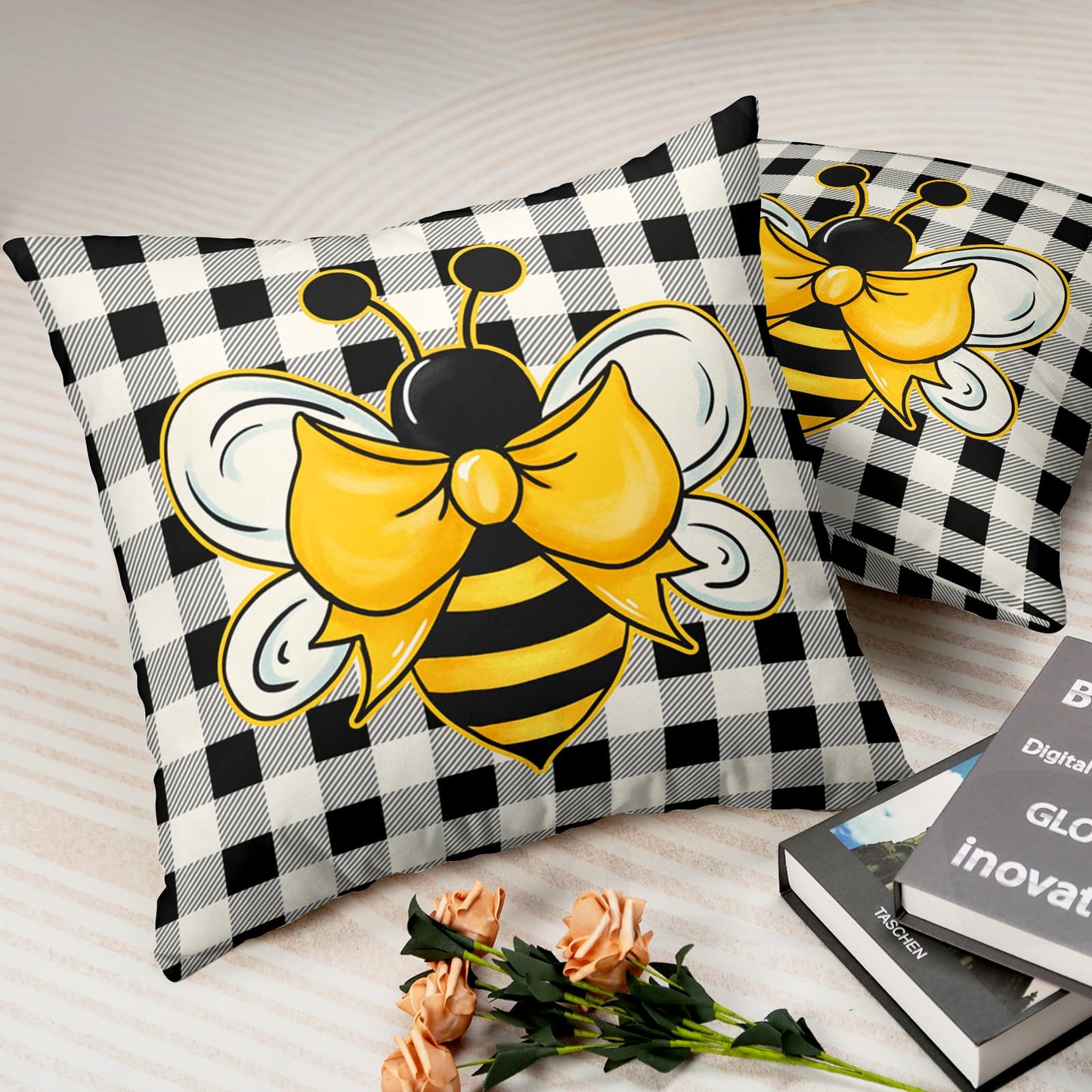 Kwlegh Yellow Bumble Bee Pillow Covers 18x18 Set of 2 Black White Buffalo Plaid Pillow Covers Summer Spring Themed Decorative Cushion Cases Home Decor for Couch Bed Holiday