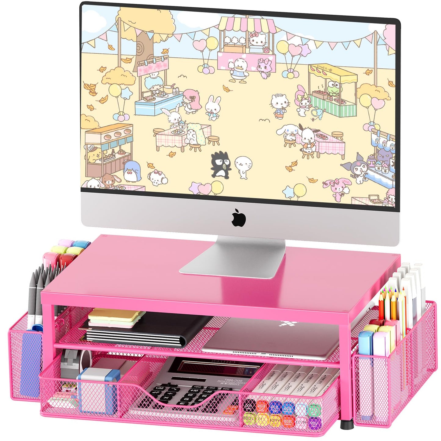 Desk Organizers and Accessories, 2-Tier Computer Monitor Stand for Desk Organizer with Drawer and 2 Pen Holders, Office Desk Accessories Workspace Desktop Organizers for Office Supplies, Purple