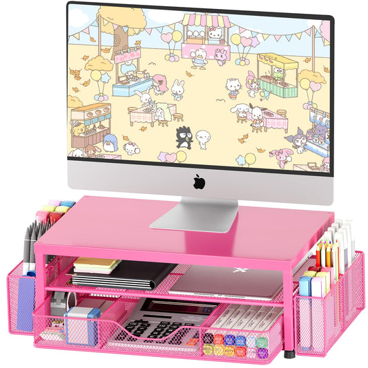 Desk Organizers and Accessories, 2-Tier Computer Monitor Stand for Desk Organizer with Drawer and 2 Pen Holders, Office Desk Accessories Workspace Desktop Organizers for Office Supplies, Purple