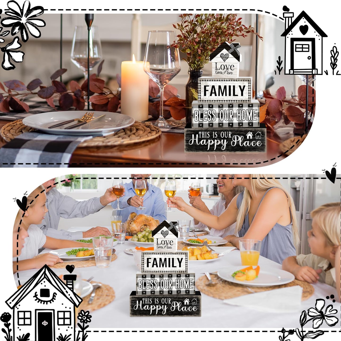 4 Pcs Farmhouse Family Wooden Tiered Tray Decor Set, Rustic Bless Our Home Wood Table Decor Buffalo Plaid Distressed Stack Block Signs Tabletop Centerpieces for Home Kitchen Shelf Mantle Decorations