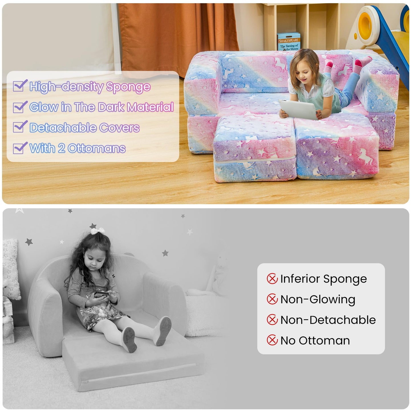 furlinkhm Modular Kids Play Couch, Glow in The Dark Kids Play Couch Toddler Couch,Kids Couch for palyroom, Convertible Baby Fold Out Play Foam and Floor Cushion for Bedroom (Rainbow+Unicorn)