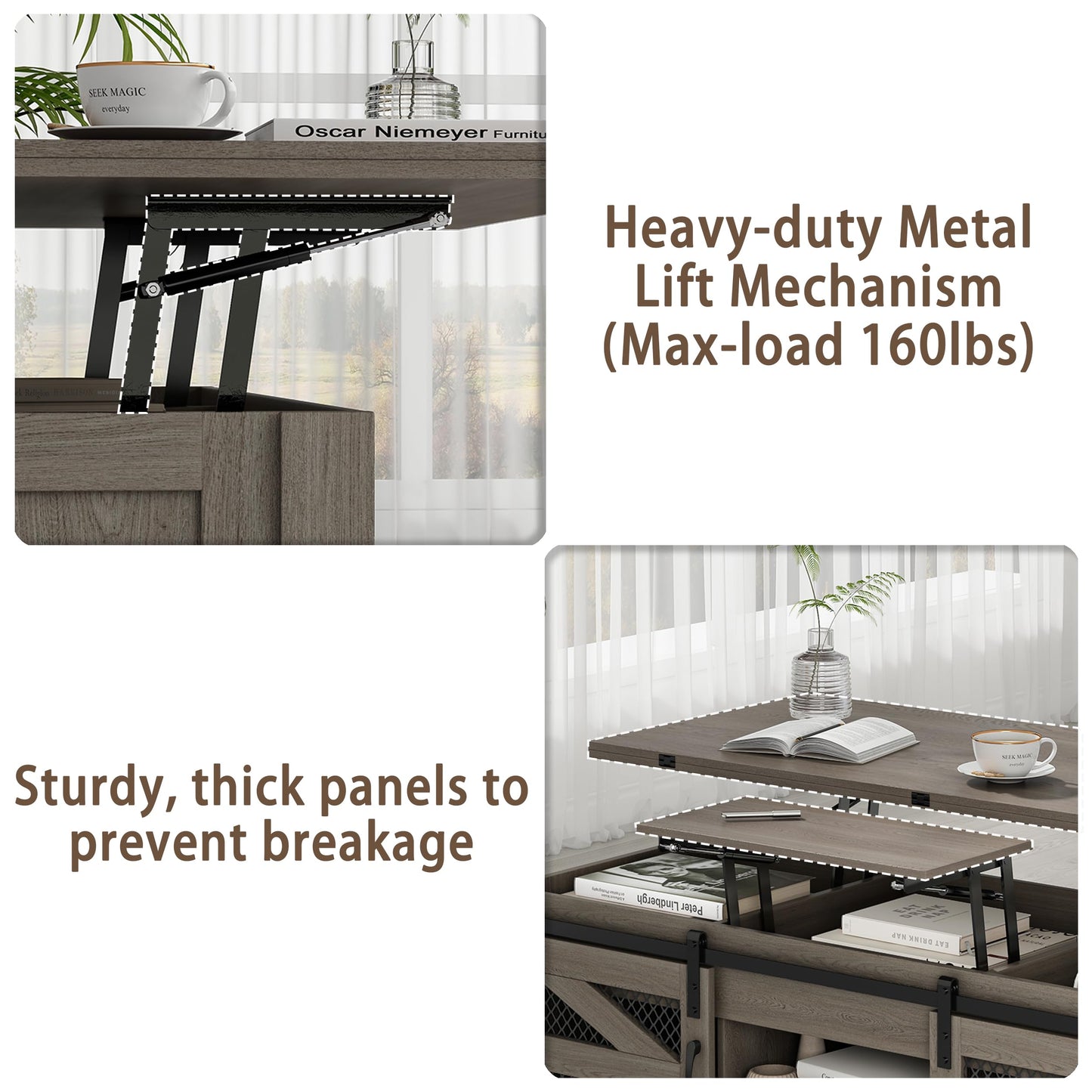 47.2" Lift Top Coffee Table, 4 in 1 Farmhouse Coffee Table with Storage and Sliding Barn Doors, Coffee Tables for Living Room, Dining Room (Grey)