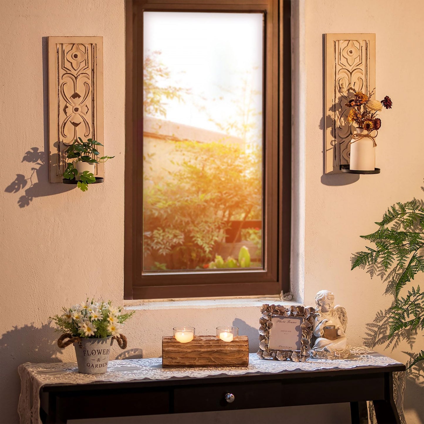 Rustic Candle Sconces Wall Decor Set of 2 - Walasis Wood Wall Candle Holders for Farmhouse White Boho Candle Sconce Art Distressed Thickened Pillar Candles Holder for Bathroom