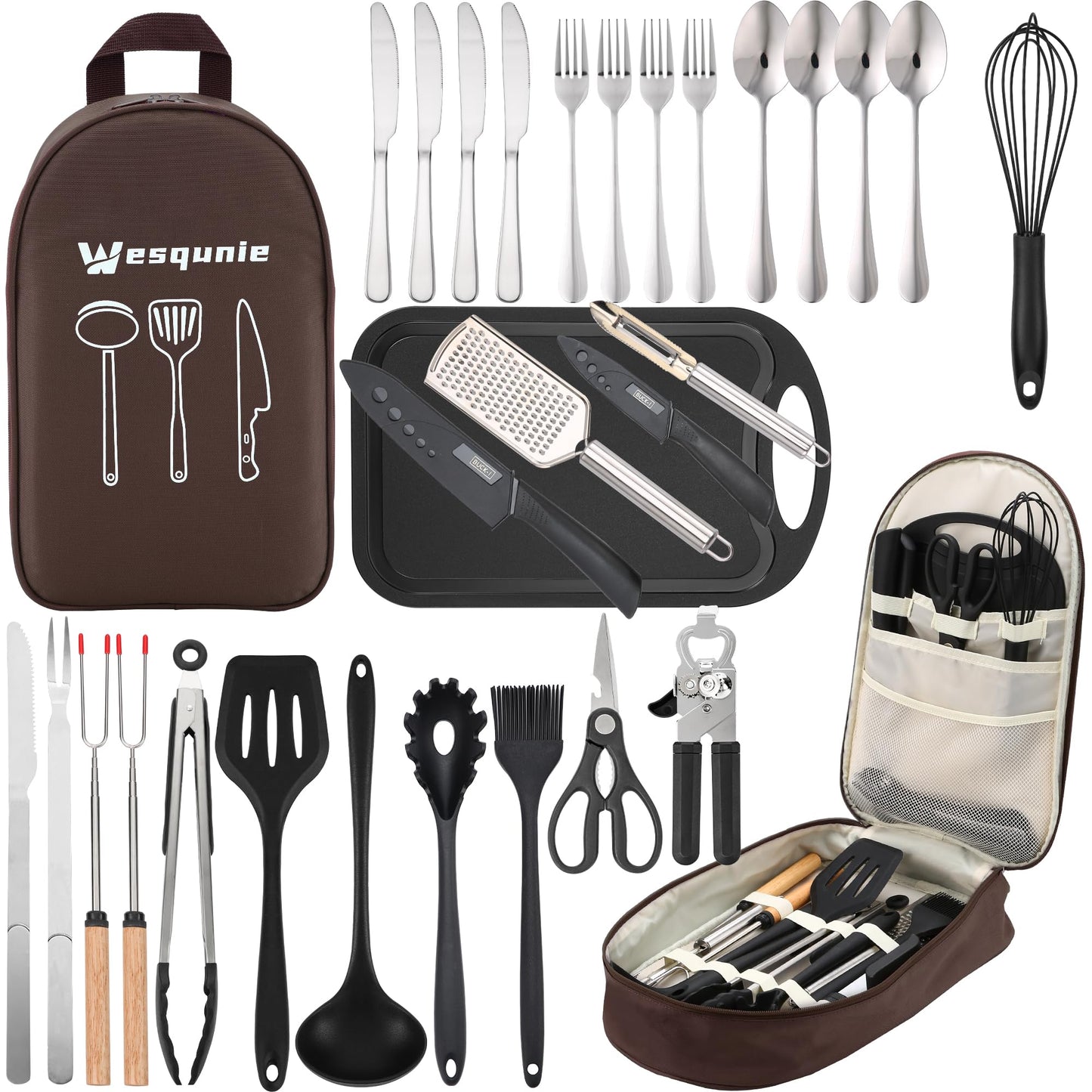 Camping Cooking Essentials Utensils Set - Camp Cookware Kitchen Accessories Kit, Camper Gear Must Haves, Stainless Steel & Silicone, RV Car Portable Outdoor Equipment Tool