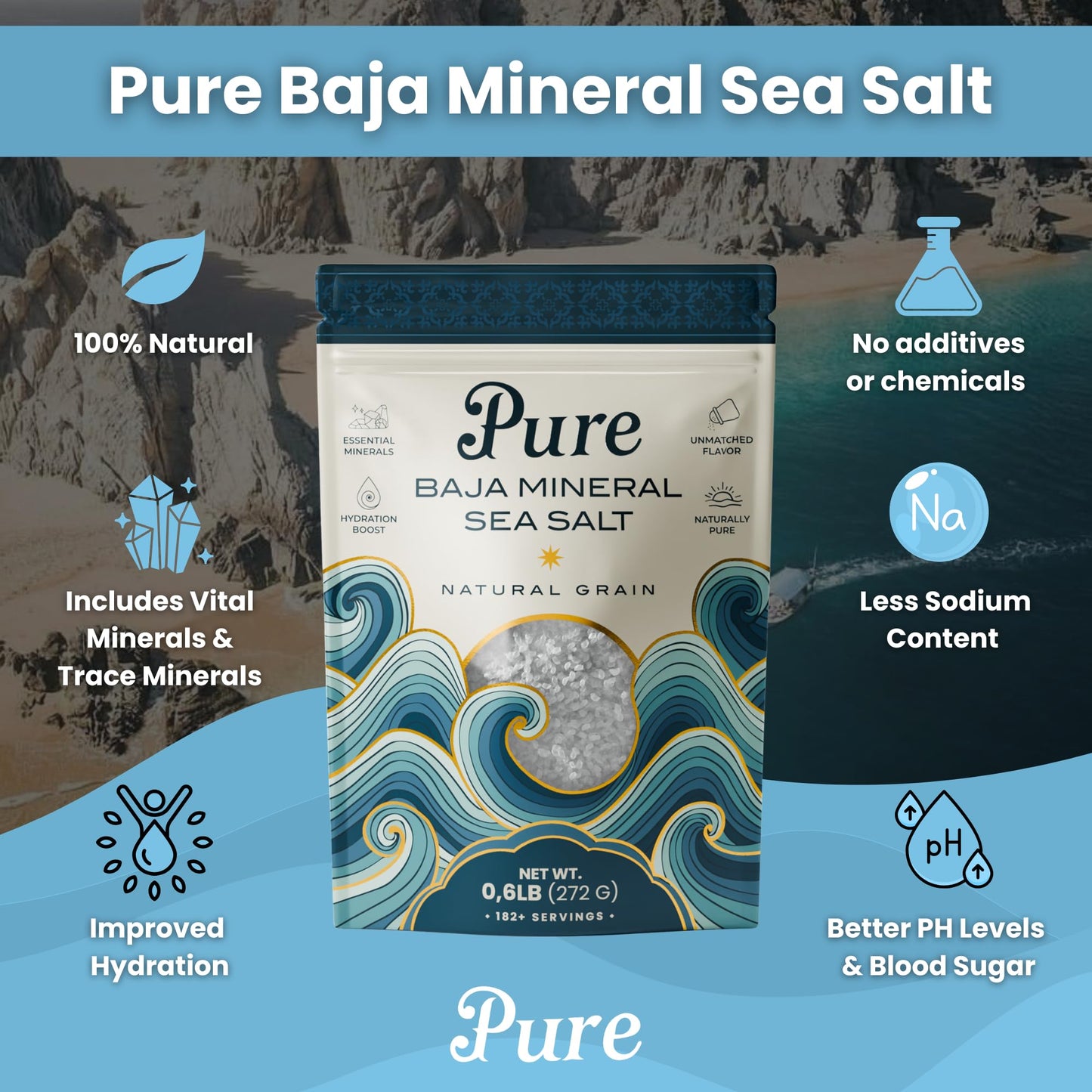 Pure Sea Salts Baja Mineral Sea Salt, Natural Grain, 0.6 lb. 100% Organic, Unrefined, Mineral-Rich, Low Sodium, for Cooking, Finishing, Hydration & Grinders – Hand-Harvested from the Sea of Cortez