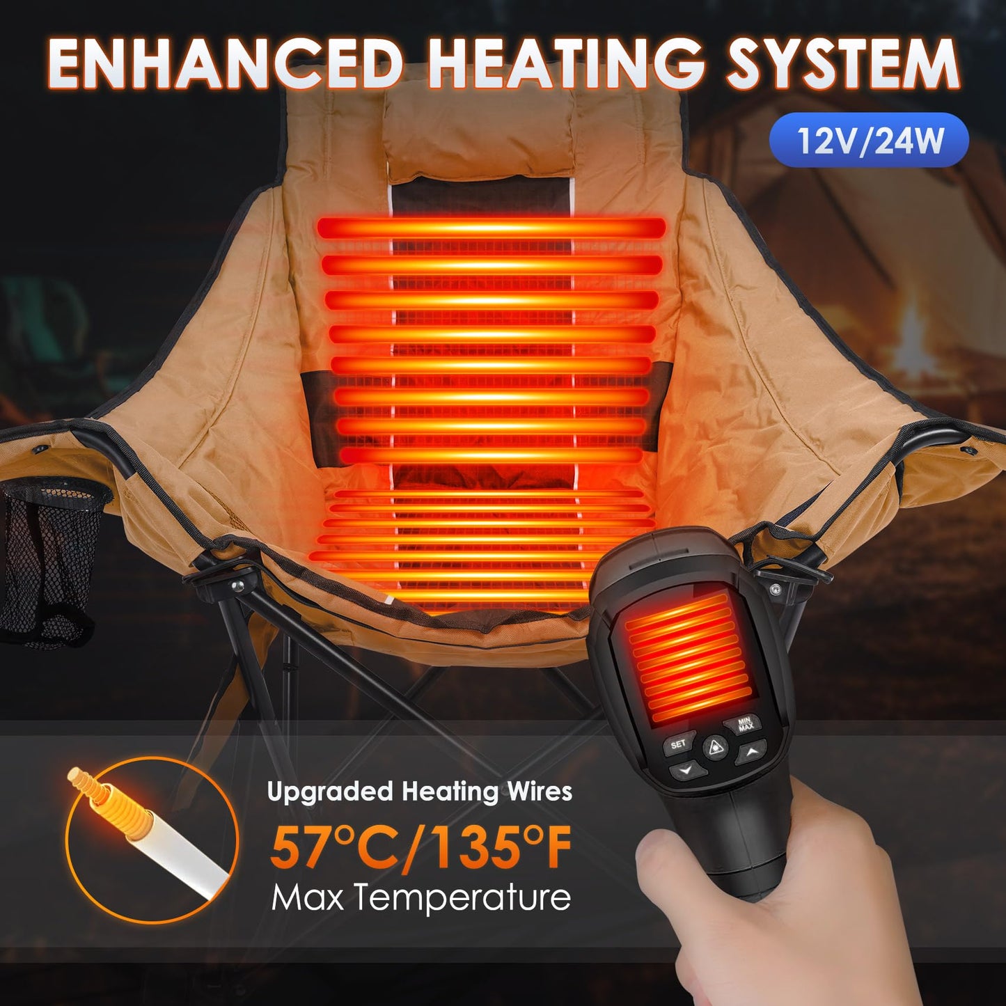 Suteck Heated Rocking Camping Chair, XL Oversized Rocking Chair Outdoor with 3 Heat Levels for Back and Seat, Heated Chairs Outdoor Sports W/20,000mAh Power Bank for Patio Lawn Picnic Travel