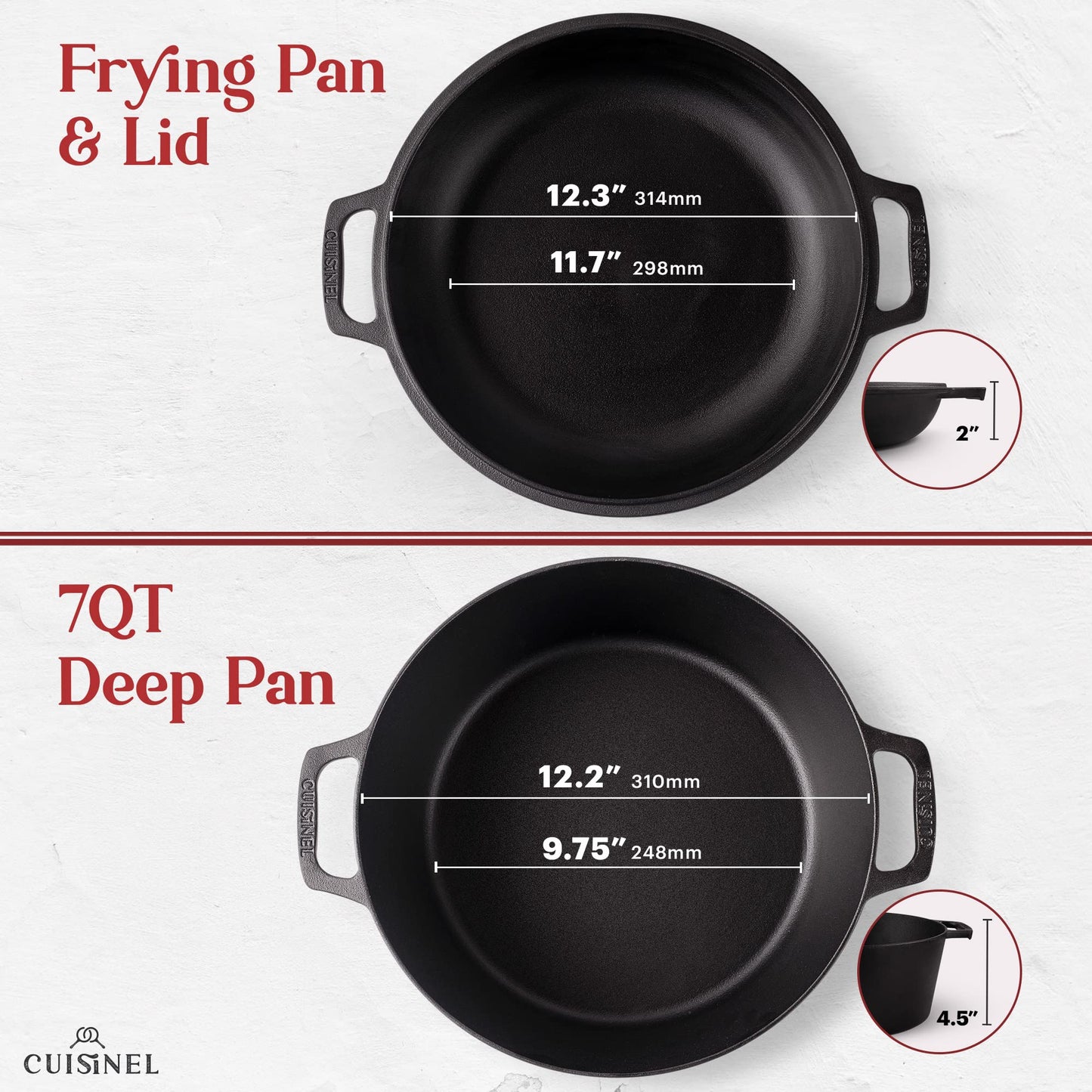 Cuisinel Cast Iron Dutch Oven 7-Quart - Pre-Seasoned 2-in-1 Deep Pot Multi-Cooker - Combo Lid Doubles as 12" Skillet Frying Pan + Silicone Handle Covers + Scraper/Cleaner - Indoor/Outdoor Cookware