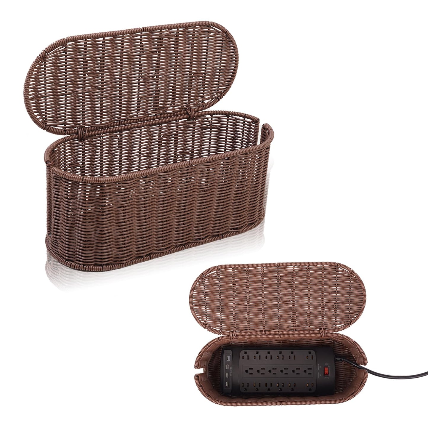 Cable Management Box, Handmade Rattan Cable Organizer, 2 Open Slots Cords Hider Box, Under Desk Cord Organizer for Computer Router USB Hub & Power Strip, Patent Pending, 13" x 5.1" x 5.1", Natural