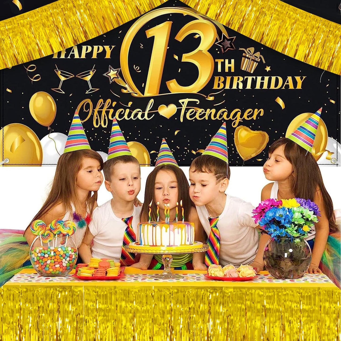 YUKL Gold Birthday Decorations Tinsel Garland Parade Float Decorations for Trailer 4Pack 12FT Christmas Party Decor Ceiling Fringe Banner Backdrop for Streamers Party Decorations