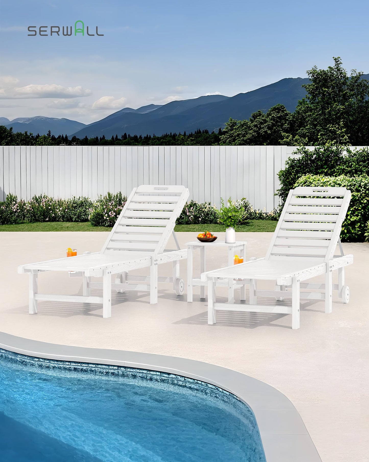 SERWALL Patio Chaise Lounge Set of 2, HDPE Outdoor Lounge Chair with Cup Holder, 5 Positions Adjustable Pool Lounge Chair with Rolling Wheels for Poolside, Deck, Sunbathing, White