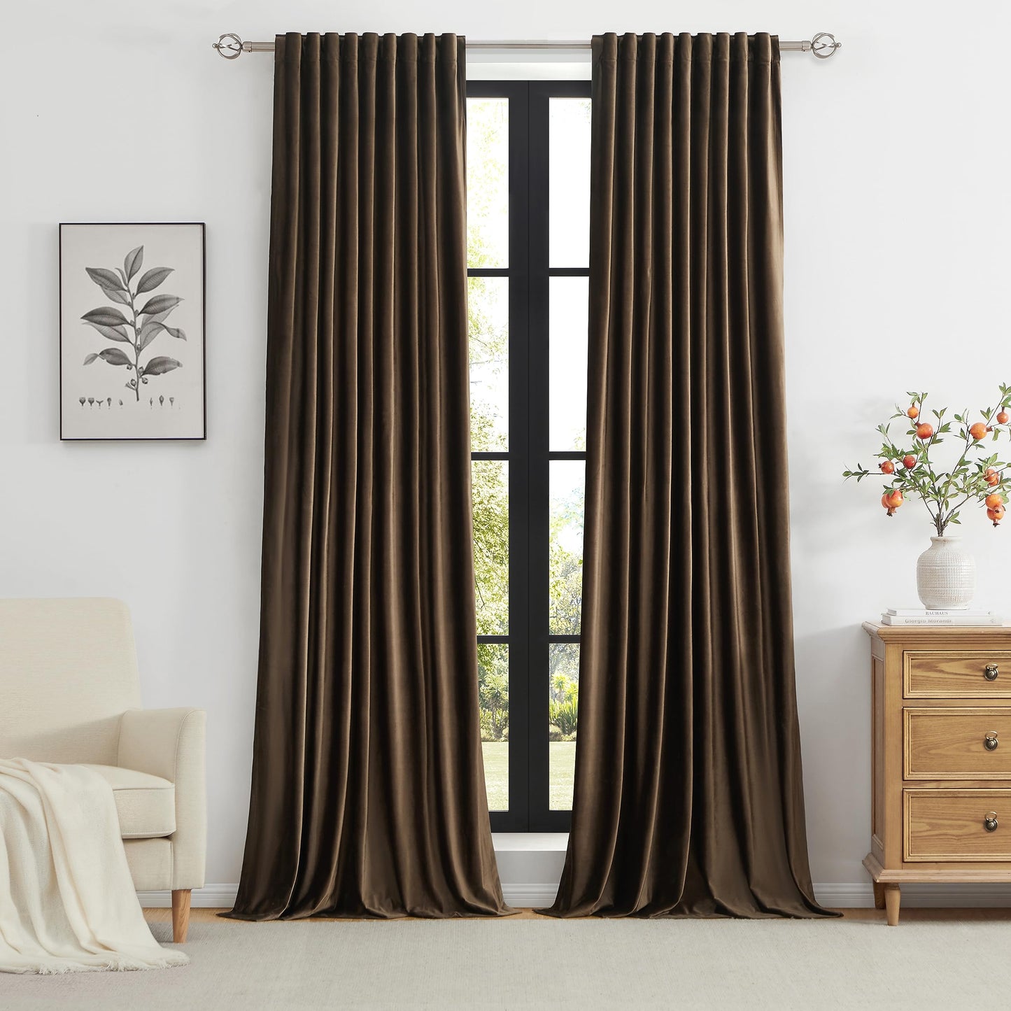 PRIMROSE Brown Velvet Curtains 96 inch Long for Living Room,Set of 2 Panels Blackout Rod Pocket Back Tab Window Treatment Room Darkening Heavy Decorative Curtains Drapes for Bedroom
